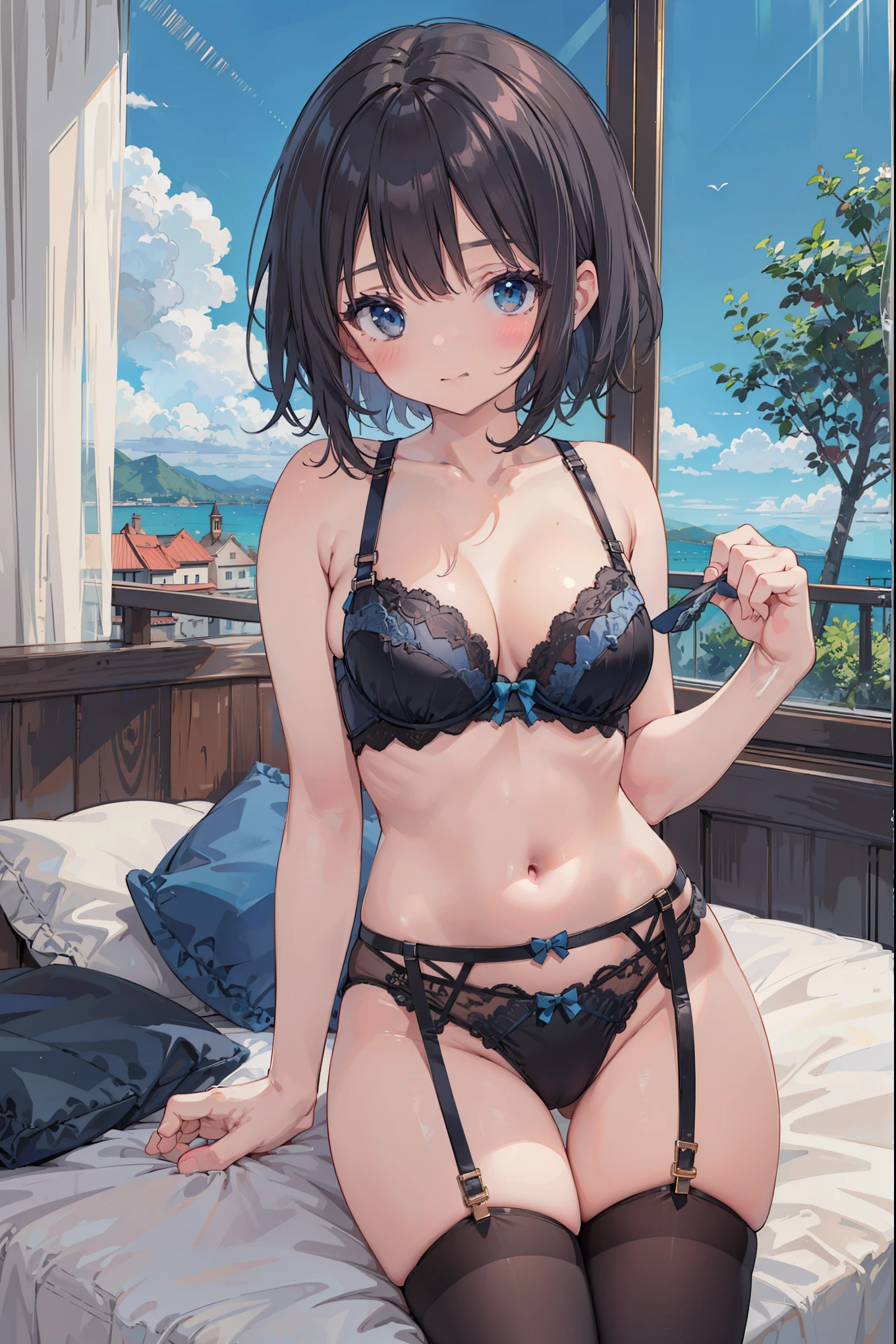 masterpiece, best quality, 1girl,, lingerie, bra, string, black legwear, blush, soft smile, bedroom, blue sky
