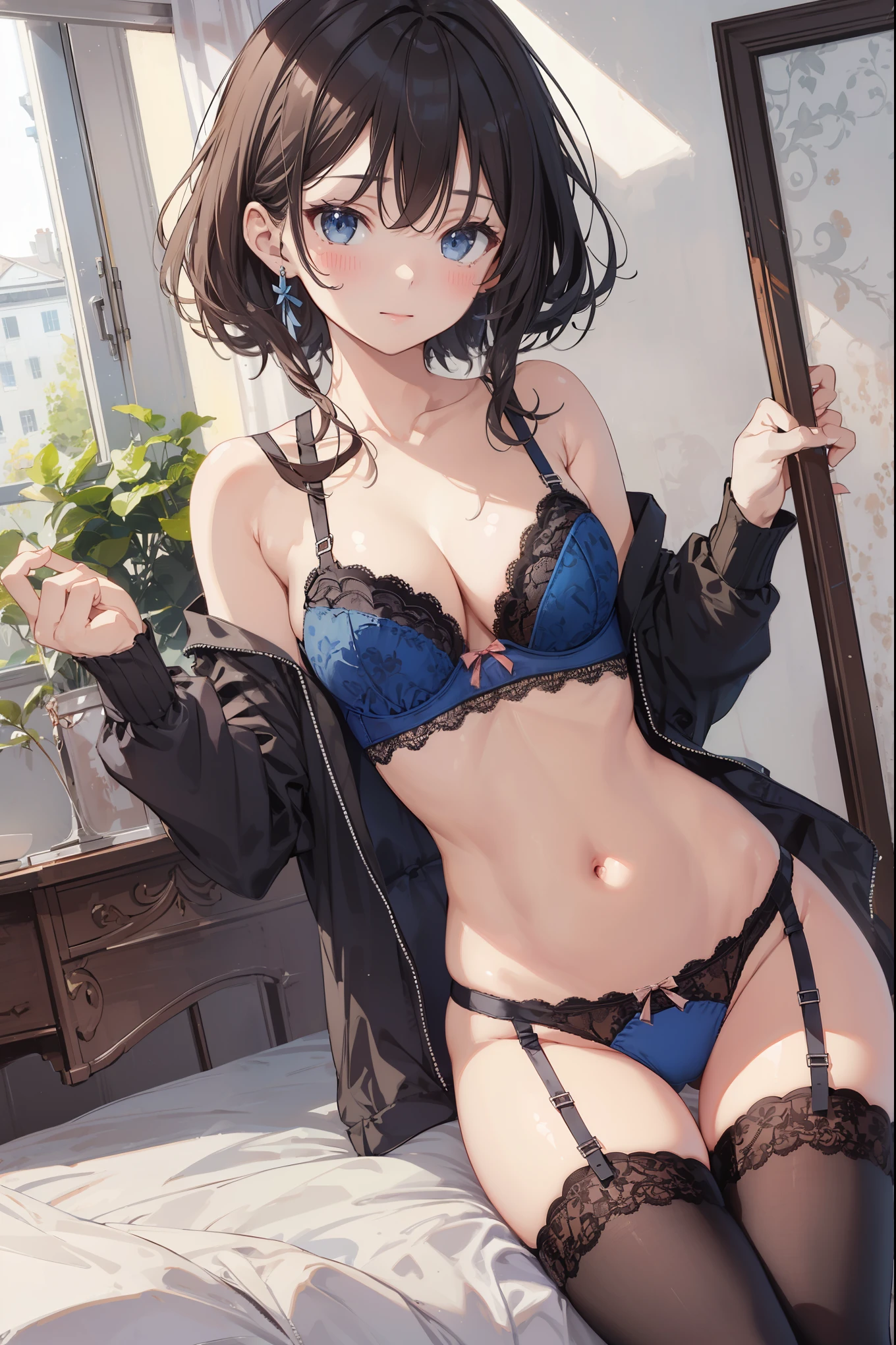 masterpiece, best quality, 1girl,, lingerie, bra, string, black legwear, blush, soft smile, bedroom, blue sky
