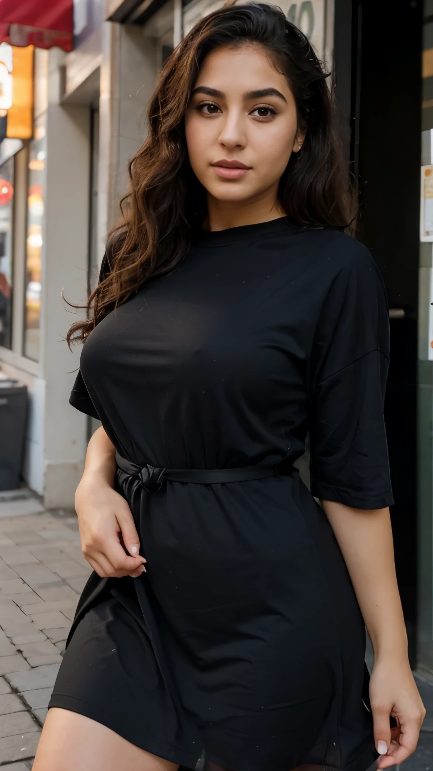 A graceful, full-bodied of Arab descent woman, slightly chubby with tied curly hair and distinctive facial features such as thick eyebrows, white skin, brown eyes, a slit nose and a split chin, standing on the sidewalk in front of lingerie store. Wears a black T-shirt dress that ends above her knees, with a pose that emphasizes her elegance and confidence. do not mis her chin slit and a beautiful, prominent nose