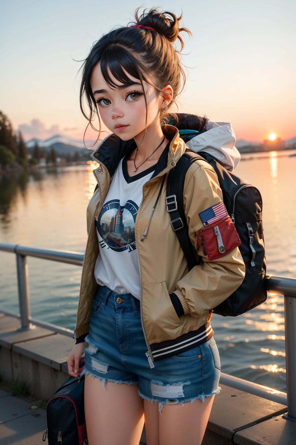 Girl with mid-journey style, around 20 years old, sporting a bomber jacket and ripped jeans, her hair tied up in a messy bun. She carries a backpack filled with travel essentials, with a map in hand and a determined look on her face, standing in front of a sunset landscape, the scenery behind her deeply detailed and intricately textured, reflecting her adventurous spirit.