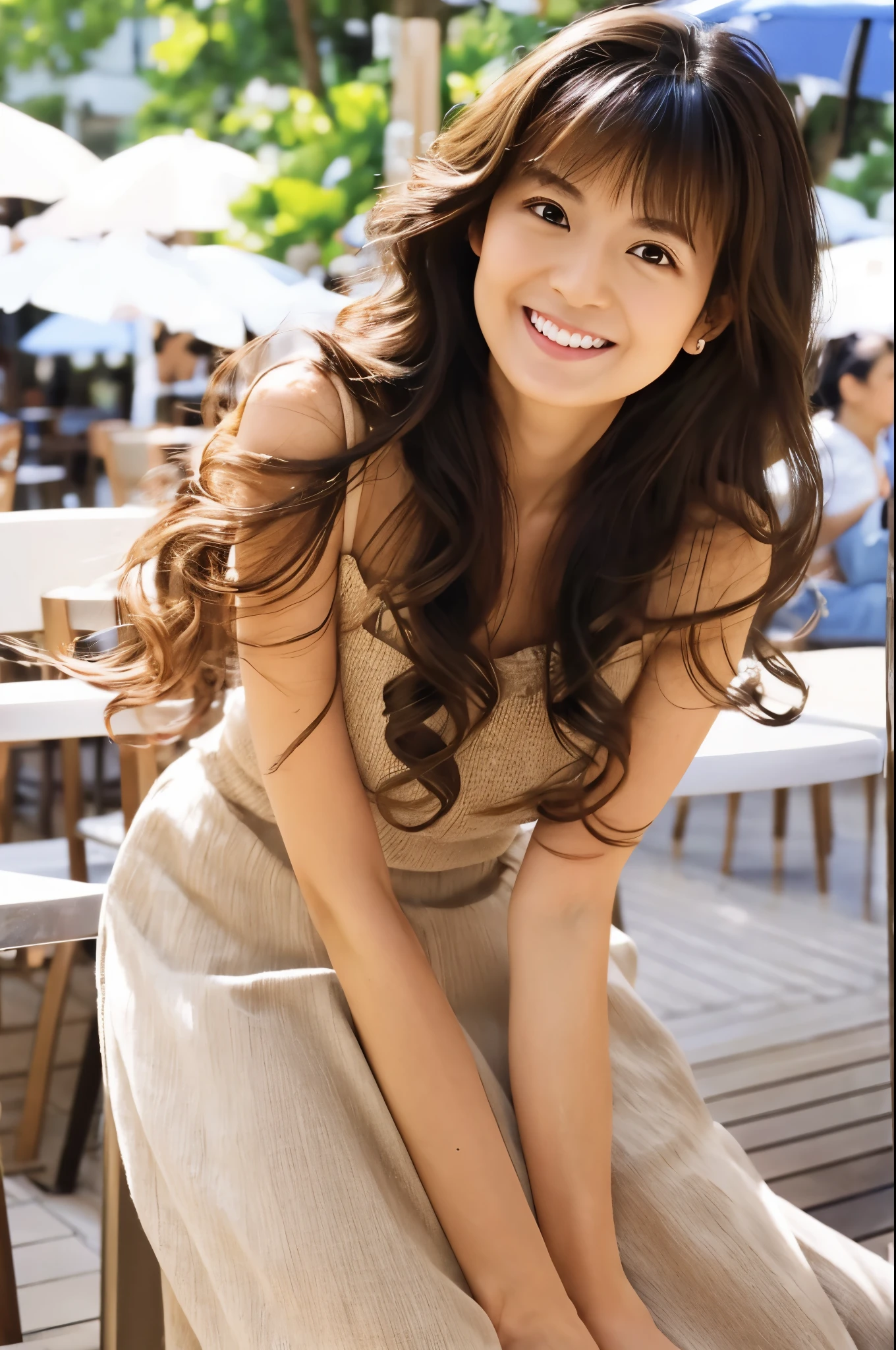 Female Japanese sitting on café terrace, Elegant, long curly hair, turn, off shoulders, large round eyes, Sunlight, with round face, Wide Double Width, Crisp double, With bangs, Brown eyes, narrow forehead, a baby face, Tear bag, smile, Large front teeth are slightly visible, long skirt, 