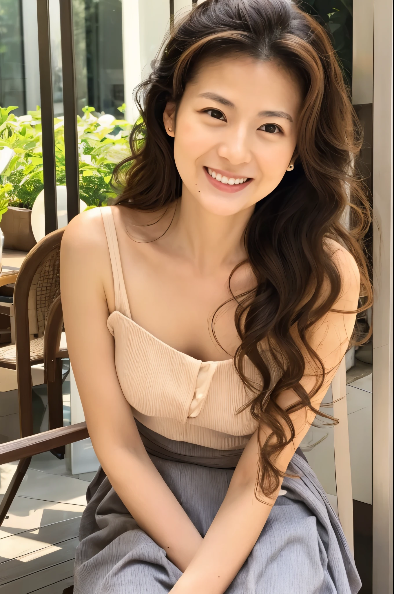 Female Japanese sitting on café terrace, Elegant, long curly hair, turn, off shoulders, large round eyes, Sunlight, with round face, Wide Double Width, Crisp double, With bangs, Brown eyes, narrow forehead, a baby face, Tear bag, smile, Large front teeth are slightly visible, long skirt, 