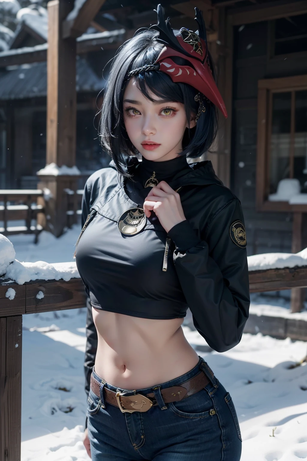 ((long sleeved puffer parka, long dark blue jeans, gold belt)), ((midriff, navel)), looking at viewer, snow, city on background, (cinematic lighting, best quality, masterpiece, high details, best quality, highres, HD, 4K, 8k, super detail), (kujou sara:1.3), mask on head, blue hair, short hair, yellow eyes