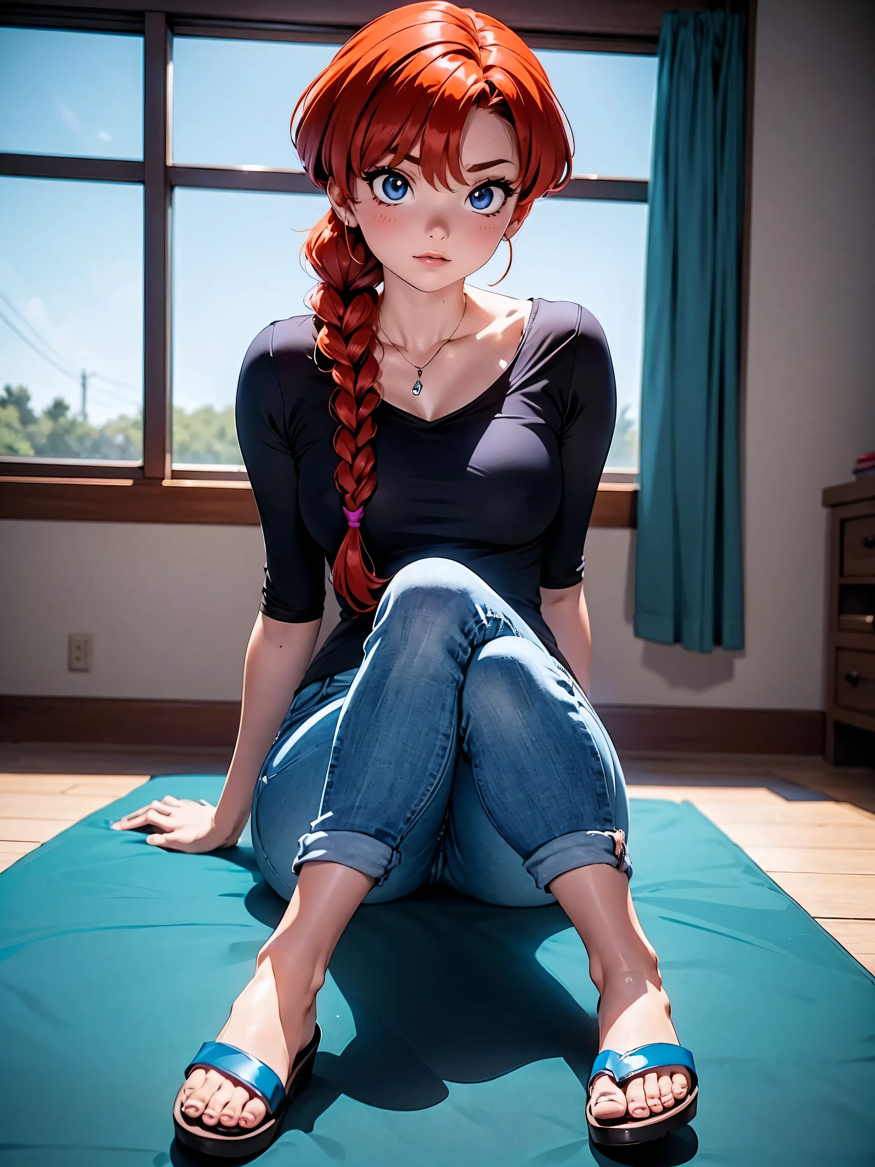 Garota anime ruiva com bermuda jeans azul e blusa purple roxa, , agachada, sentada com pernas cruzadas, corpo bonito, seios grandes, with your hands behind your head, running your hands through your hair, garota sexy, red hair with braid, gorgeous lighting, sombras suaves, olhos azuis, pernas bonitas, hair with braid, estilo anime, Ranma Chan, Autora Rumiko Takahashi, Baseado em obra de Rumiko Takahashi, Anime Ranma 1/ 2, decote sexy, quadril robusto, corpo inteiro, corpo completo, busto grande, garota jovem com corpo belo e bonito, sandals on the feet, garota 16 anosbaixa estatura, vestindo bermuda jeans azul e blusa purple roxa linda, garota anime, estilo anime, beautiful feet in sandals, sitting on the floor, viewing angle 45°