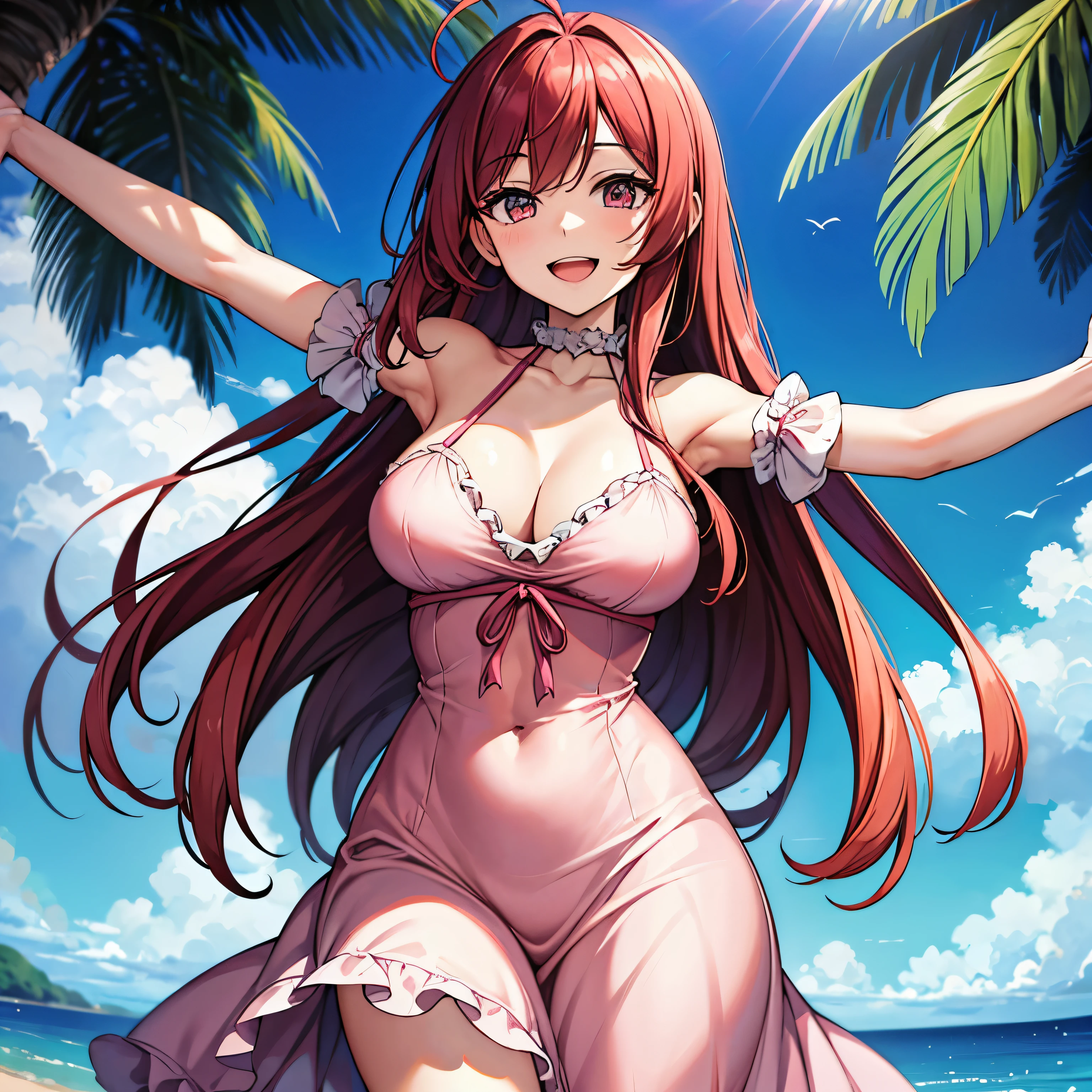 (obra maestra), 1 chica, Solo, Mejor calidad, ojos expresivos, cara perfecta, (mujer madura, mqmf), madre, pelo rojo ROMPER pelo largo, pelo ondulado, ahogo, vestido de verano rosa BREAK pies descalzos, caderas, pechos grandes, parte superior del cuerpo, playa, Sonrisa, feliz, :D, brazos extendidos, Abrazo entrante, tirar, al aire libre, de pie