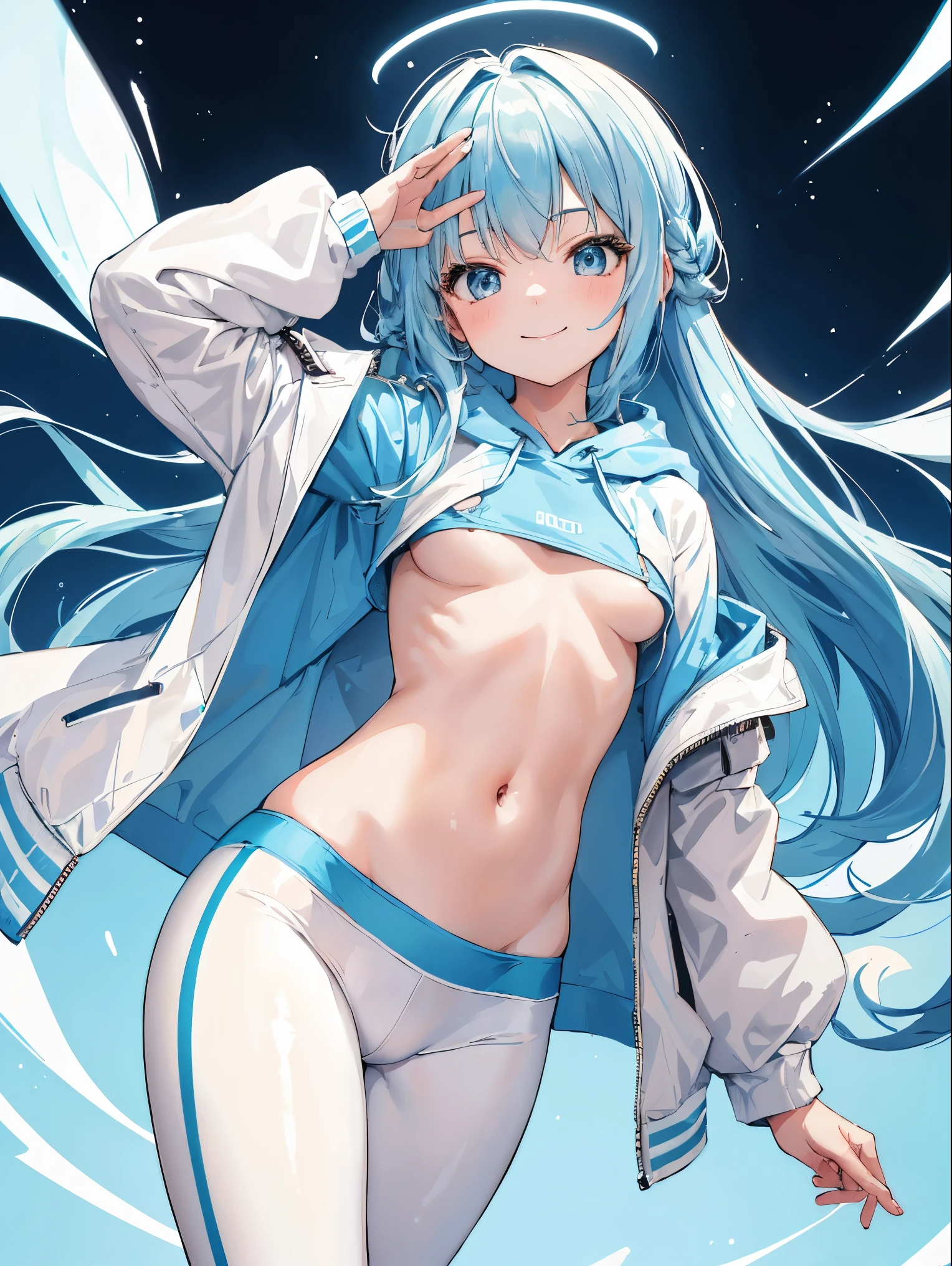 ((4K, master piece, Best Quality)), light blue hair, long hair, hoody, open jacket, small breast, kid, white background, standing, smooth, shiny coloring style, navel, stomach, white leggings, short body, kid, cowboy_shot, hand up, smile,