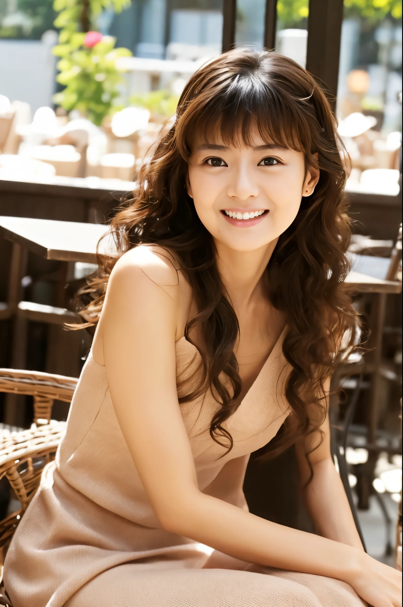 Female Japanese sitting on café terrace, Elegant, long curly hair, turn, off shoulders, large round eyes, Sunlight, with round face, With bangs, Brown eyes, narrow forehead, a baby face, Tear bag, smile, Large front teeth are slightly visible, long skirt, 