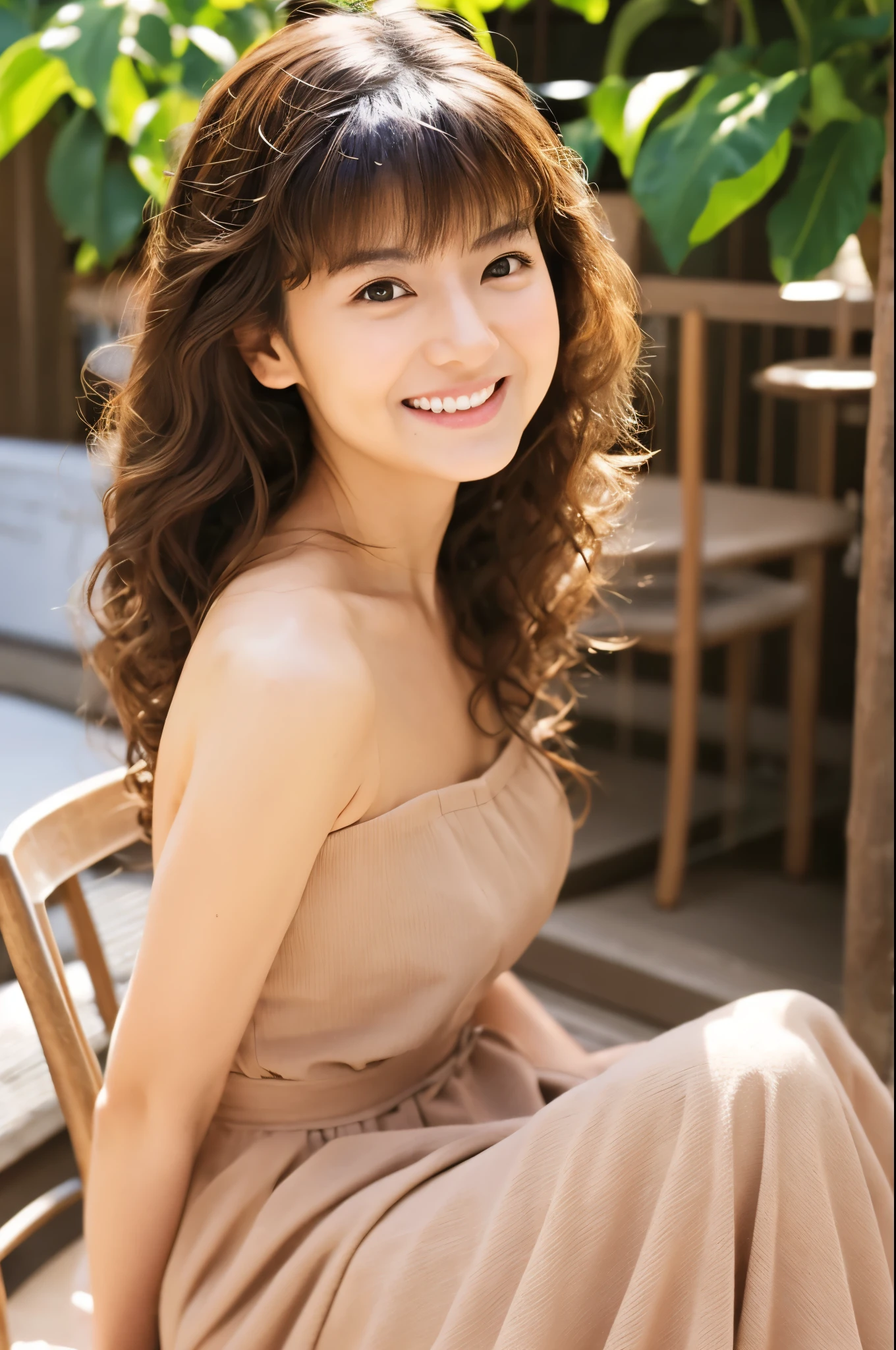 Female Japanese sitting on café terrace, Elegant, long curly hair, turn, off shoulders, large round eyes, Sunlight, with round face, With bangs, Brown eyes, narrow forehead, a baby face, Tear bag, smile, Large front teeth are slightly visible, long skirt, 