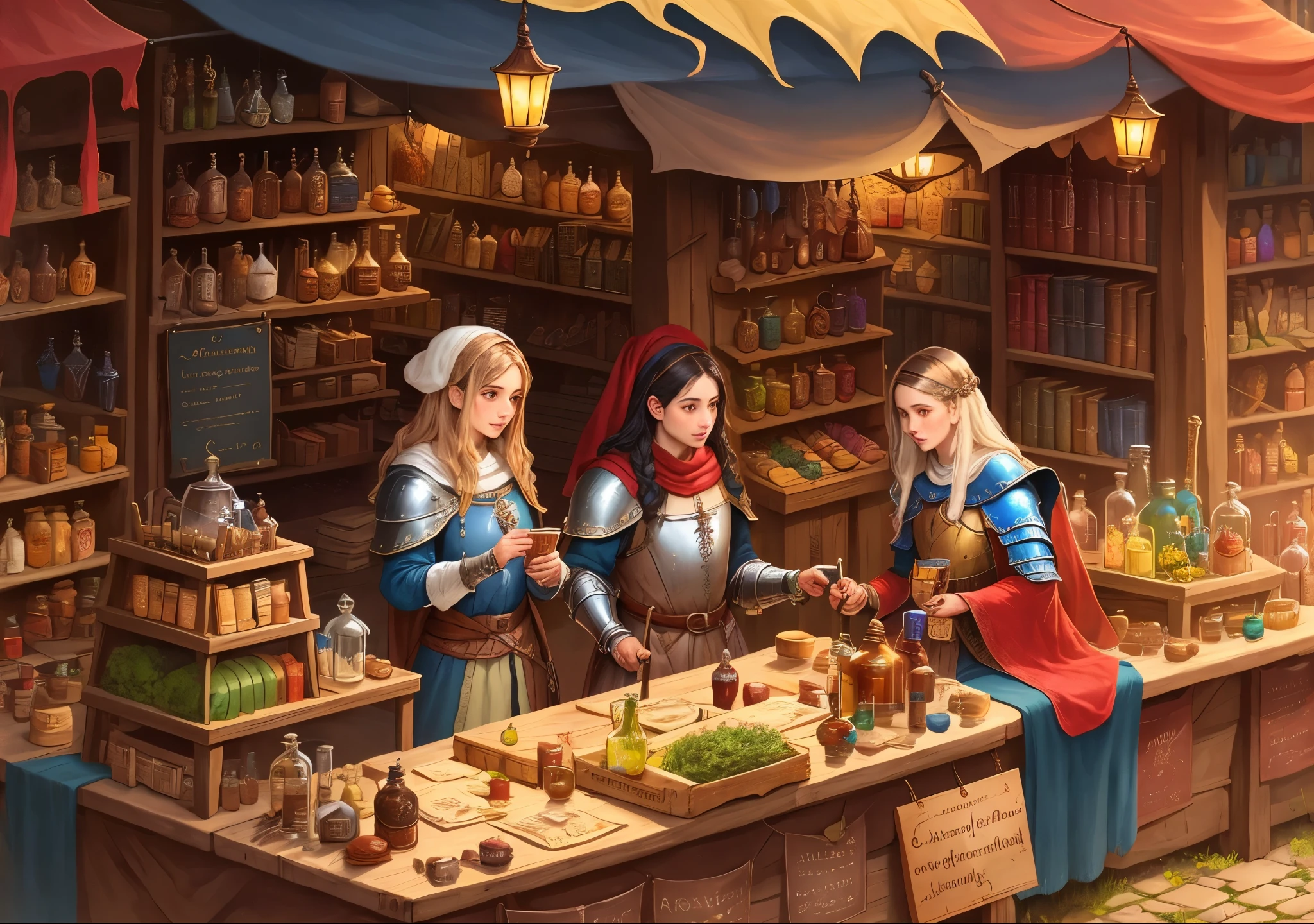 a medieval market selling:
- Potions of Healing
- Weapons and Armor
- Books of Magic
- Alchemical Ingredients
- Exploration Equipment
- Magic Relics
