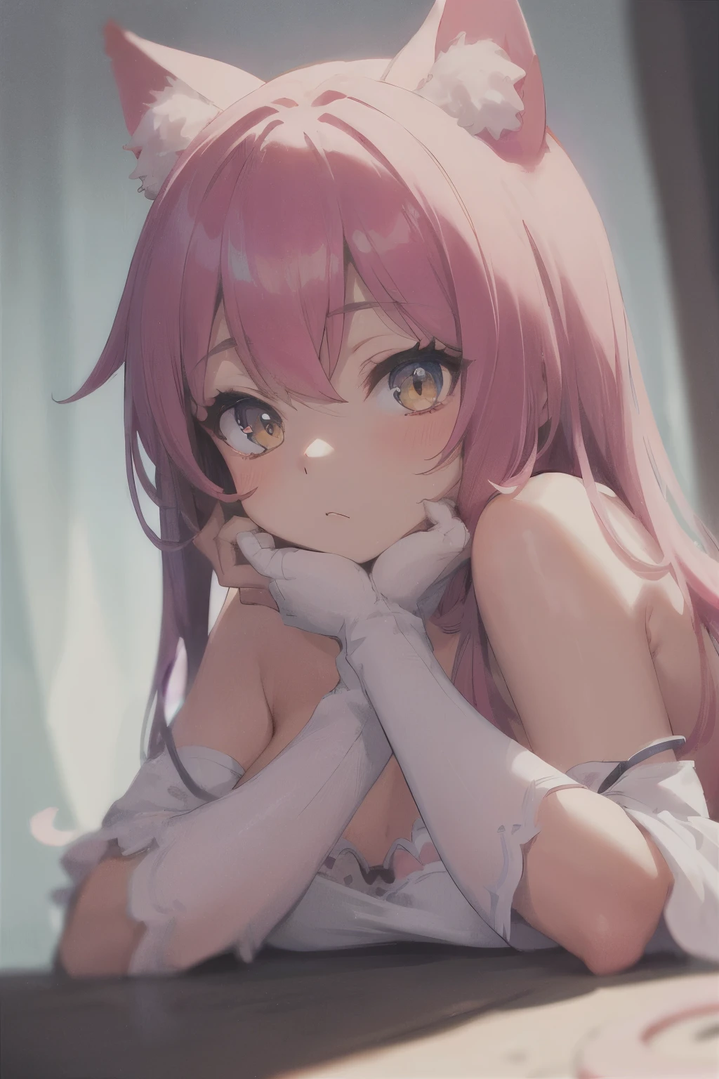 Original character, Volumetric lighting, The best shadows, Shallow depth of field, Portrait of a stunningly beautiful girl, , ager softgirl, cat girl, white stockings