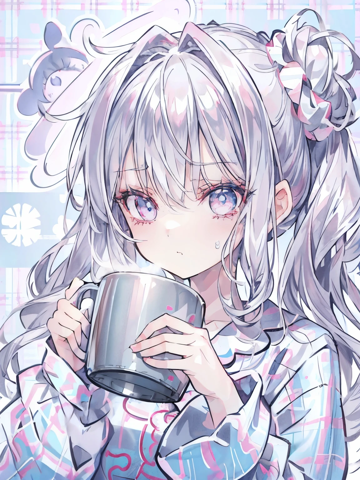 girl,(shiny silver hair:1.2),(Light pink eyes:1.2),(fluffy hair with volume),((BREAK)),(Hair is tied around the temporal lobe),((Light blue scrunchie on the knot)),((BREAK)),(Wearing pajamas as if you just woke up:1.3),(drinking cold coffee from a mug:1.2),((strange face)),((Shift your gaze:1.3)),((BREAK)),((Tartan pattern background:1.2)),((close up of face:1.2)),