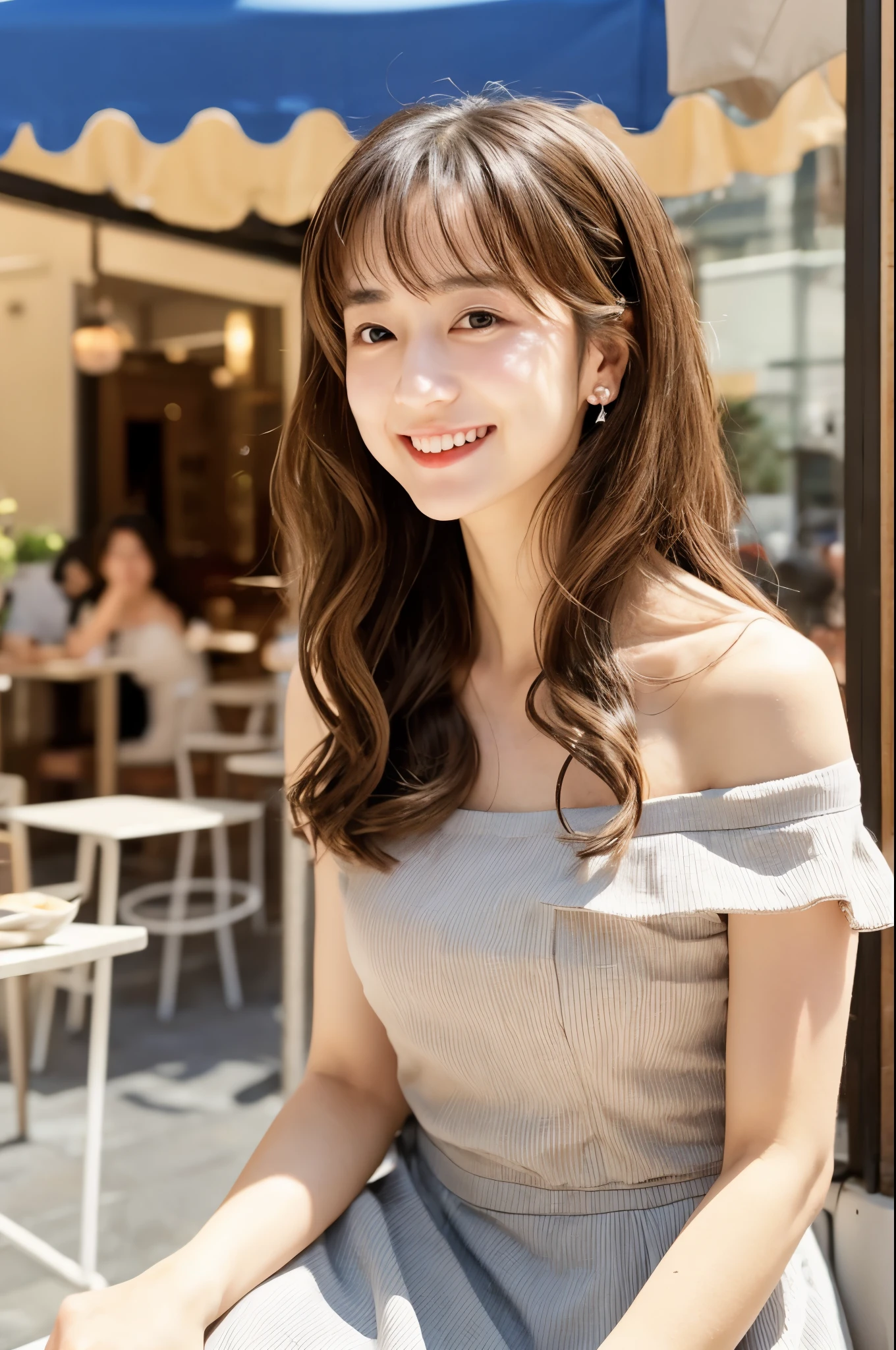 Female Japanese sitting on café terrace, Elegant, long curly hair, turn, off shoulders, large round eyes, Sunlight, with round face, With bangs, Brown eyes, narrow forehead, a , Tear bag, smile, Large front teeth are slightly visible, long skirt,