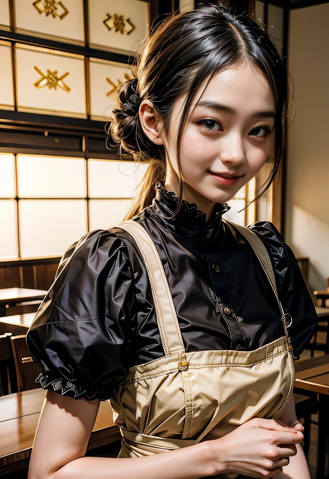 (highest quality, beautiful and aesthetic:1.2), 20-year-old,(1 Japanese female), very detailed,maid,best details, 茶髪黒いmaid服を着ている,composition of golden ratio, Well-balanced in every detail,Cafe background,smile,photo shoot,towards the camera,