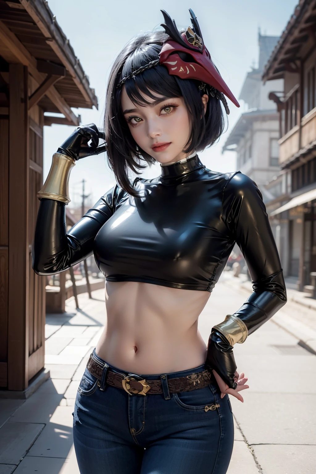 1girl, ((long sleeved latex top, long dark blue jeans, gold belt)), ((midriff, navel)), looking at viewer, smile, Anor Londo on background, (cinematic lighting, best quality, masterpiece, high skin details, best quality, highres, HD, 4K, 8k, super detail), (kujou sara:1.3), mask on head, blue hair, short hair, yellow eyes