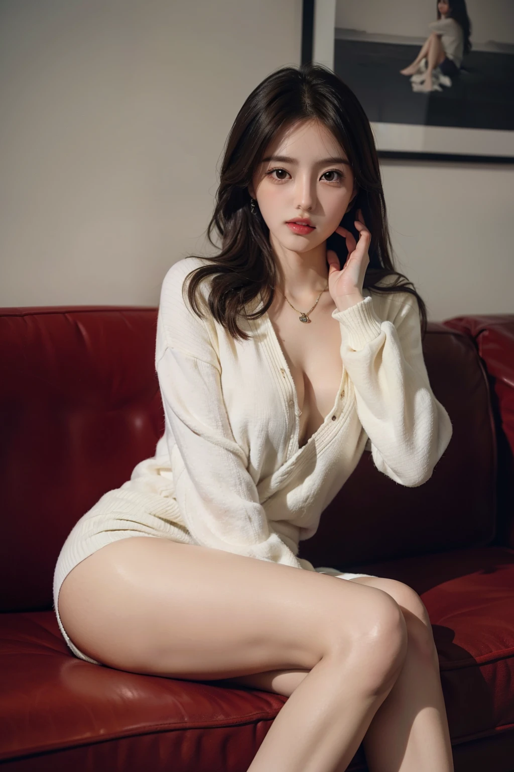 1 garota,sitting on a cozy couch,cruzando as pernas,Luz suave, roupa sexy, korean idol style
