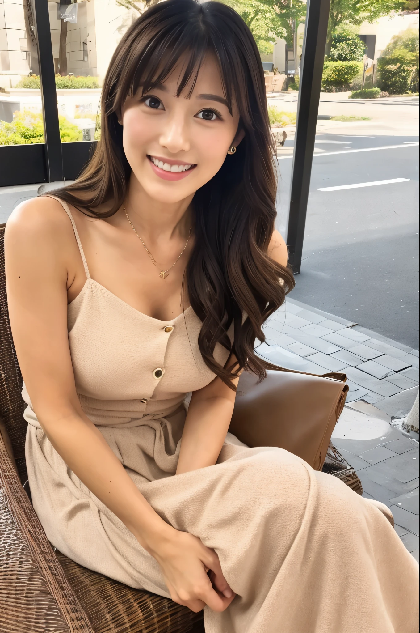 Female Japanese sitting on café terrace, Elegant, long curly hair, turn, off shoulders, large round eyes, Sunlight, with round face, With bangs, Brown eyes, narrow forehead, a baby face, Tear bag, smile, Large front teeth are slightly visible, long skirt,