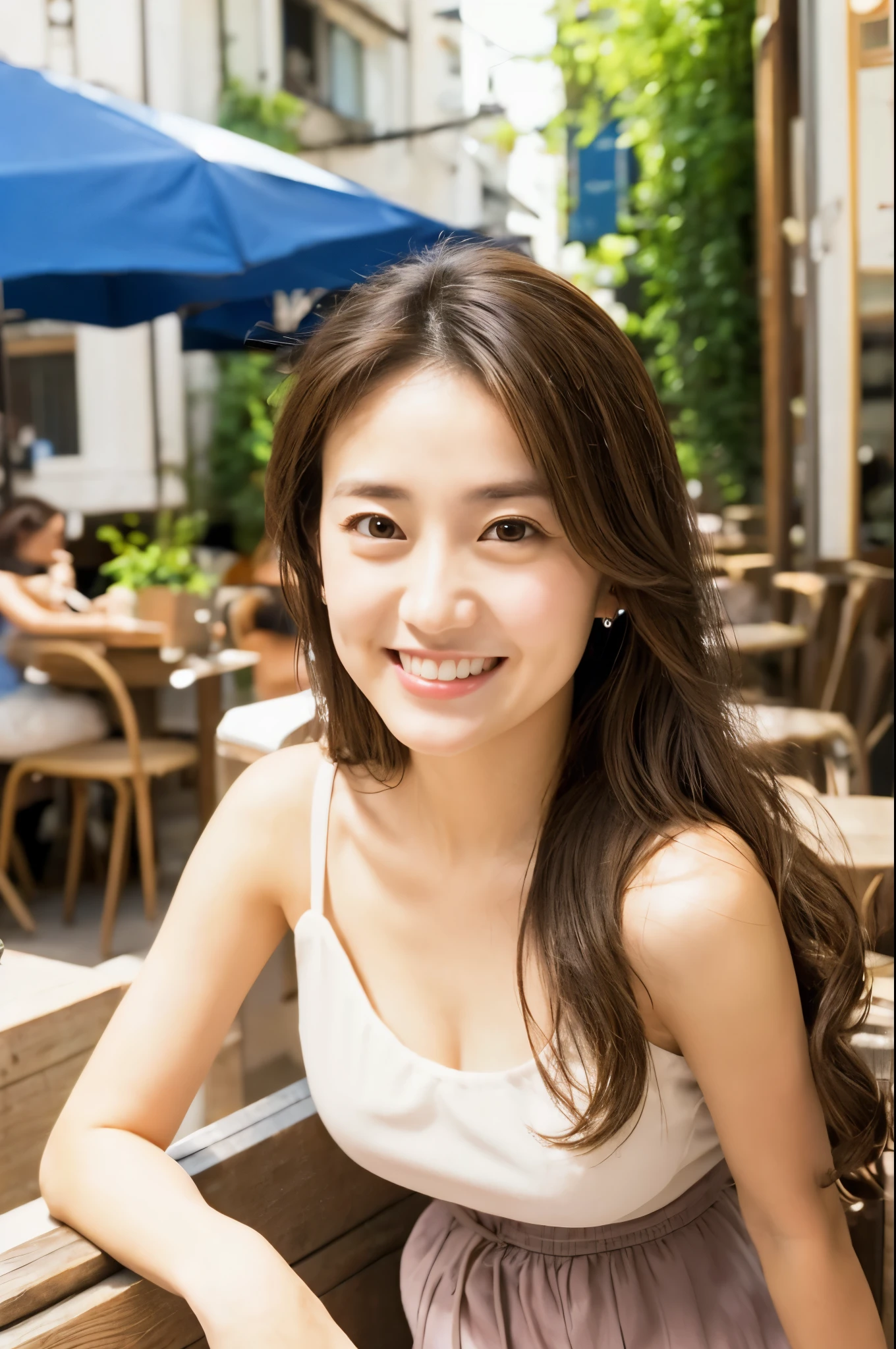 Female Japanese sitting on café terrace, Elegant, long curly hair, turn, off shoulders, large round eyes, Sunlight, with round face, With bangs, Brown eyes, narrow forehead, a , Tear bag, smile, Large front teeth are slightly visible, long skirt,