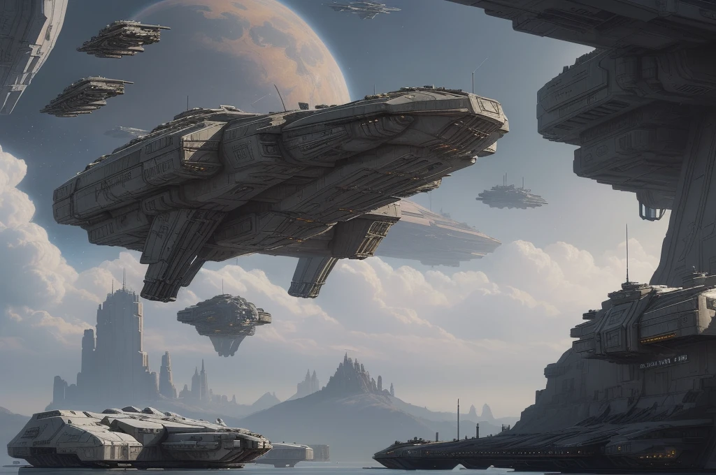 spaceships fly over the city with a ship in the background, Sci-fi fantasy wallpapers, stunning sci fi concept art, detailed sci-fi art, Beautiful sci-fi art, concept art of star citizen, A sci-fi work of art, sci fi concept art, sci fi concept art, sci fi concept art, very realistic concept art, amazing concept art