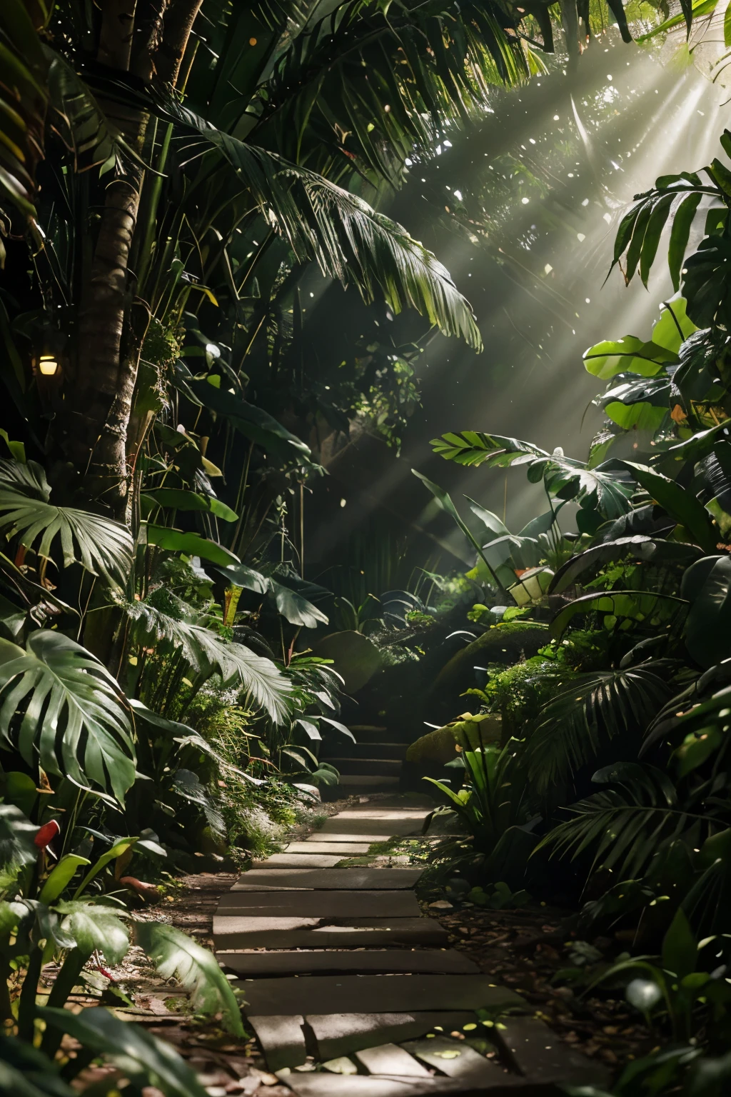 Digital illustration, detailed and intricate, of a dense jungle filled with exotic plants and animals, the sunlight filtering through the canopy creating a dappled effect. In the style of Yoshitaka Amano and Hayao Miyazaki, masterpiece, proportional, detailed, trending on artstation, beautiful lighting, realistic, intricate, award winning, 4k, highest quality