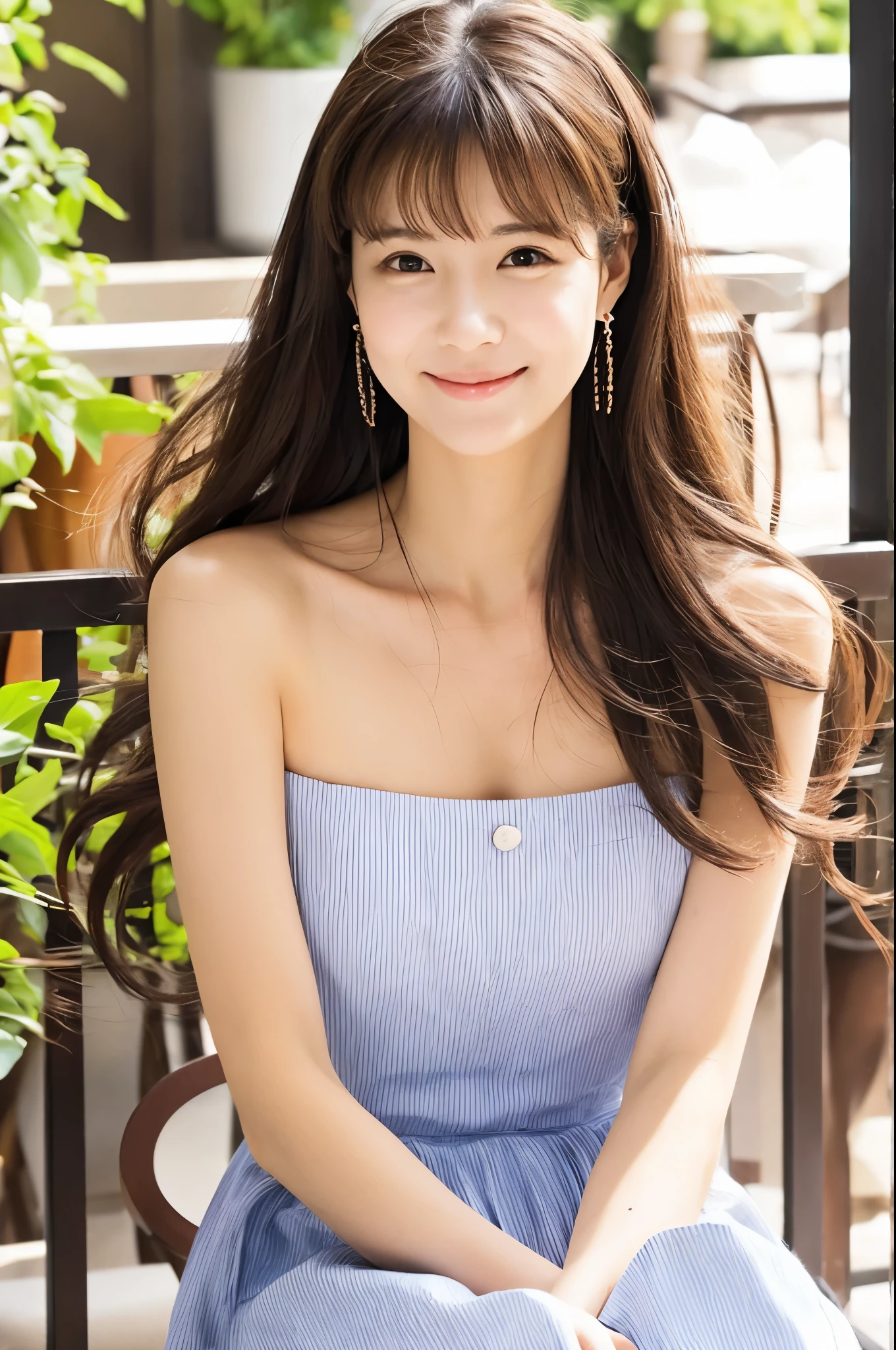 Female Japanese sitting on café terrace, Elegant, long curly hair, turn, off shoulders, large round eyes, Sunlight, with round face, With bangs, Brown eyes, narrow forehead, a baby face, Tear bag, smile, Large front teeth are slightly visible, long skirt,