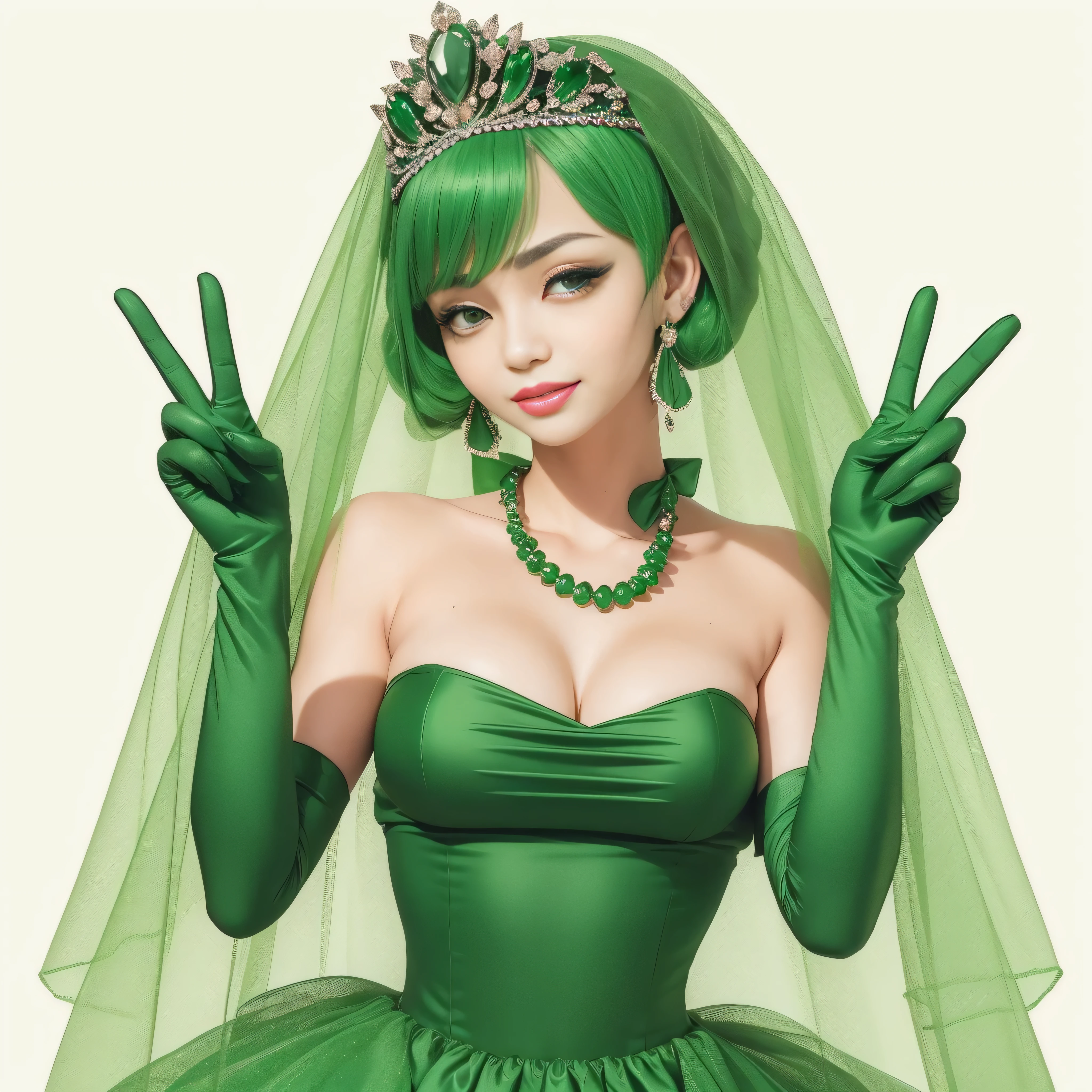 emerald tiara, green pearl necklace, boyish very short green hair, lipstick, smiling Japanese woman, very short hair, big breasts beautiful, green eyes, Long Green Satin Gloves, green eyes, V sign, emerald earrings, green veil, green lip gloss
