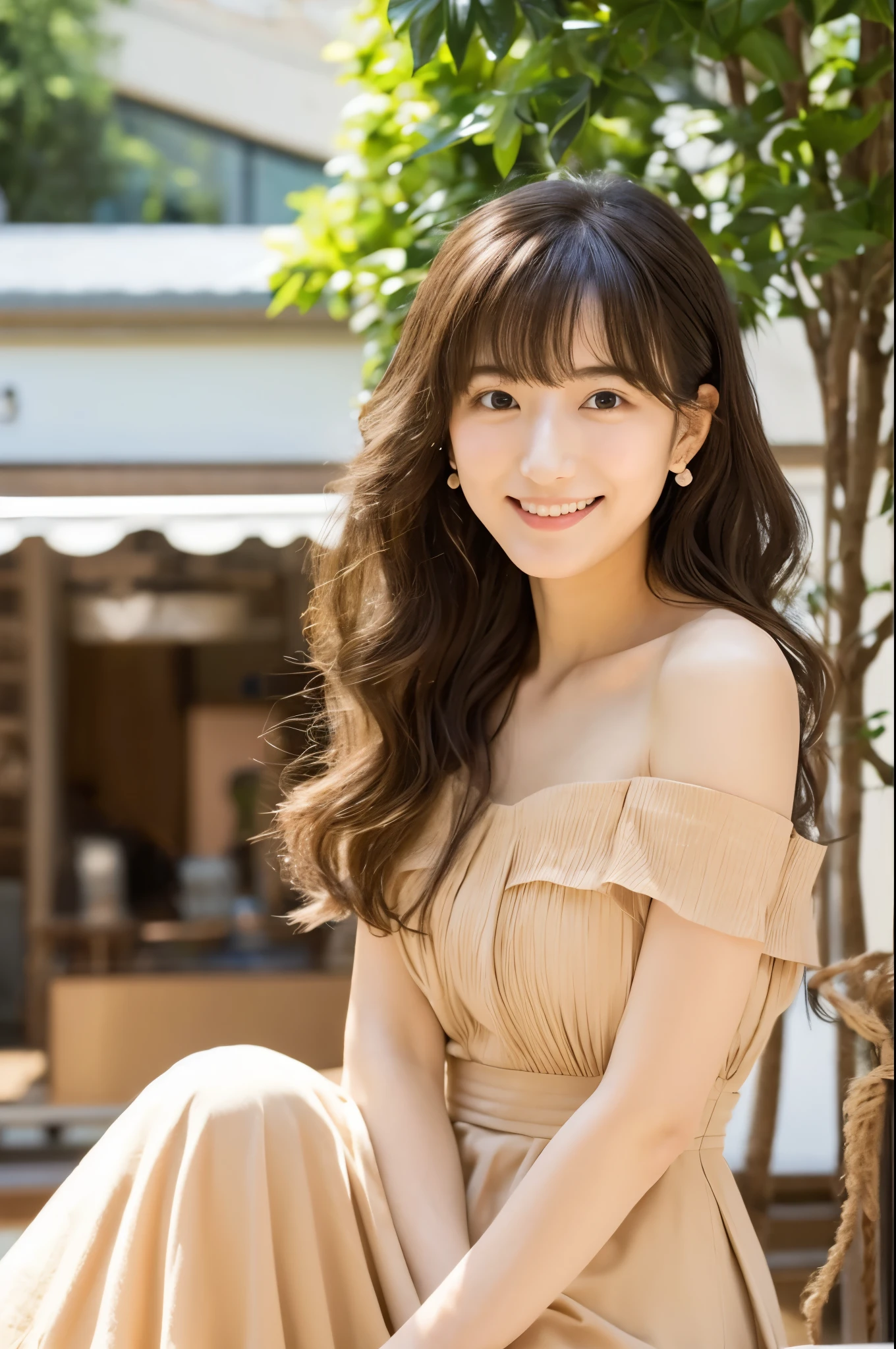 Female Japanese sitting on café terrace, Elegant, long curly hair, turn, off shoulders, large round eyes, Sunlight, with round face, With bangs, Brown eyes, narrow forehead, a baby face, Tear bag, smile, Large front teeth are slightly visible, long skirt,