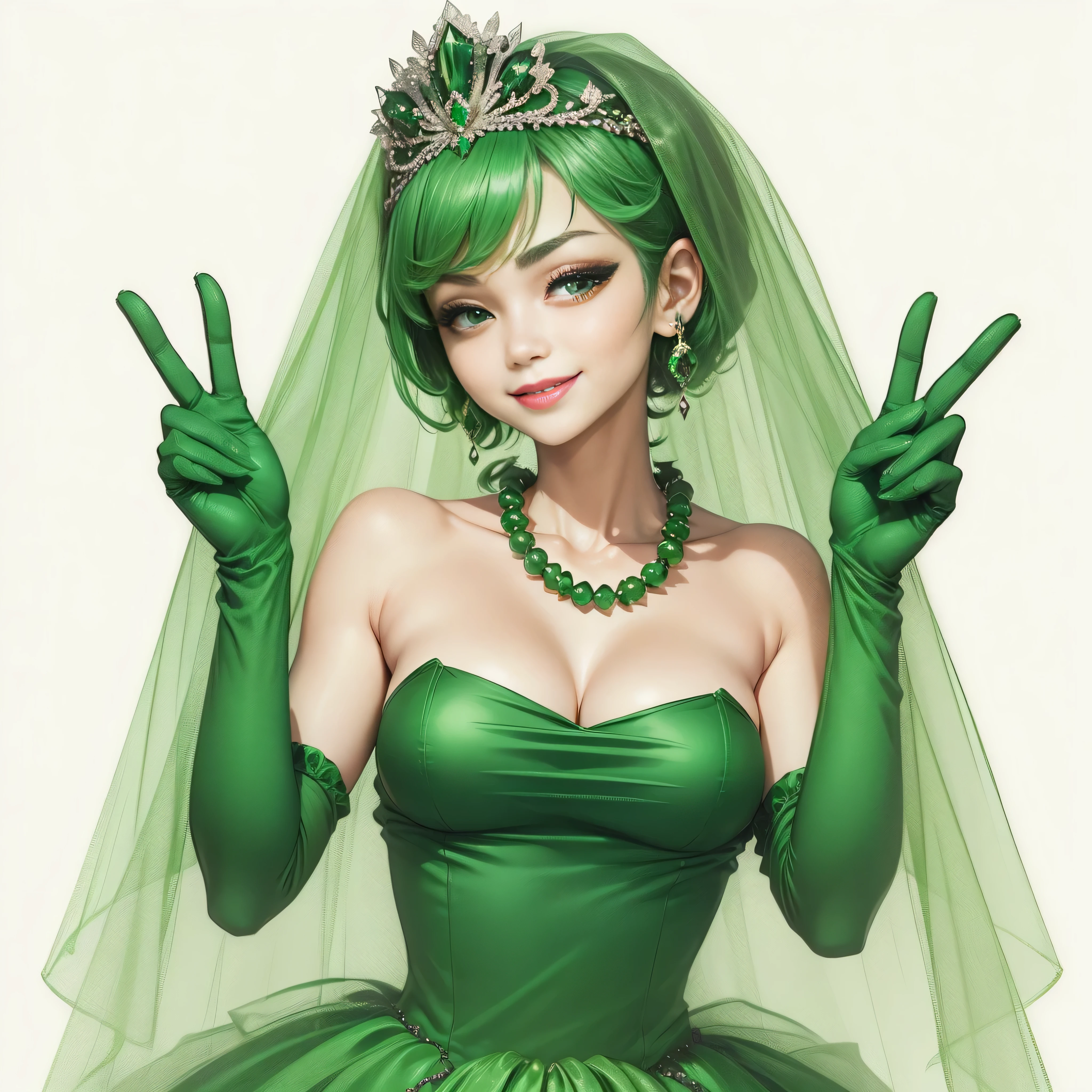 emerald tiara, green pearl necklace, boyish very short green hair, lipstick, smiling Japanese woman, very short hair, big breasts beautiful, green eyes, Long Green Satin Gloves, green eyes, V sign, emerald earrings, green veil, green lip gloss
