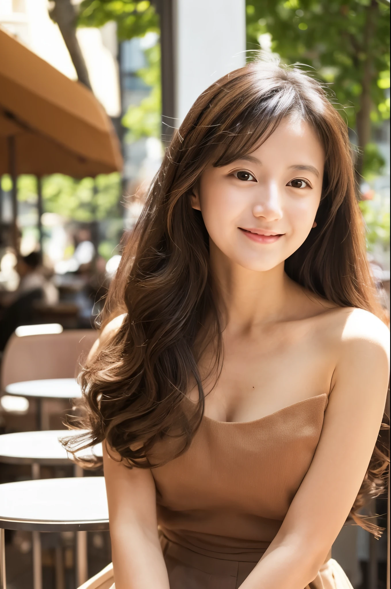 Female Japanese sitting on café terrace, Elegant, long curly hair, turn, off shoulders, large round eyes, Sunlight, with round face, With bangs, Brown eyes, narrow forehead, a , Tear bag, smile, Large front teeth are slightly visible, long skirt,