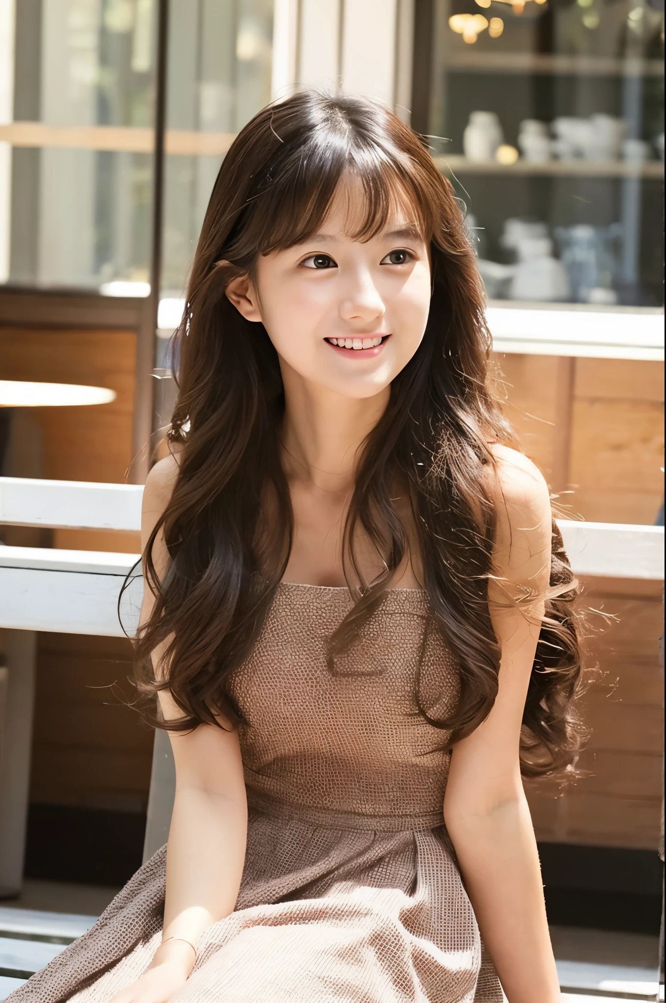 Female Japanese sitting on café terrace, Elegant, long curly hair, turn, off shoulders, large round eyes, Sunlight, with round face, With bangs, Brown eyes, narrow forehead, a baby face, Tear bag, smile, Large front teeth are slightly visible, long skirt,