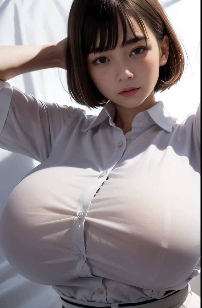 (Lying on white sheets:1.2),(ample breasts:1.5),(huge breasts:1.5),(huge breasts:1.5),,(highest quality,masterpiece),(cute japanese girl),(troubled expression:1.5),(wrinkles between eyebrows:1.2),(look at the camera),(small waist:1.2),(white shirt:1.6),bob cut,short hair,brown hair,raise your arms above your head,