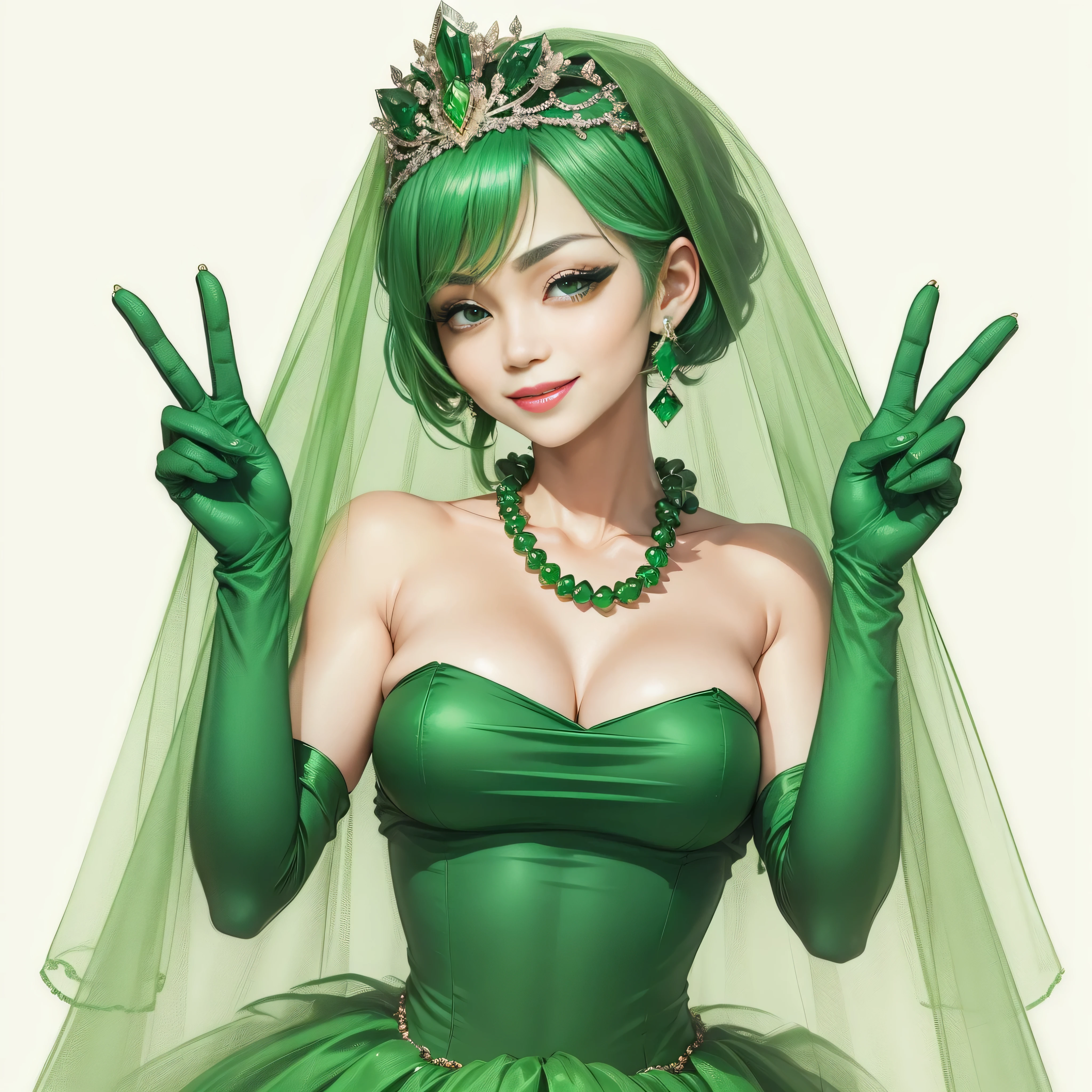 emerald tiara, green pearl necklace, boyish very short green hair, lipstick, smiling Japanese woman, very short hair, big breasts beautiful, green eyes, Long Green Satin Gloves, green eyes, V sign, emerald earrings, green veil, green lip gloss