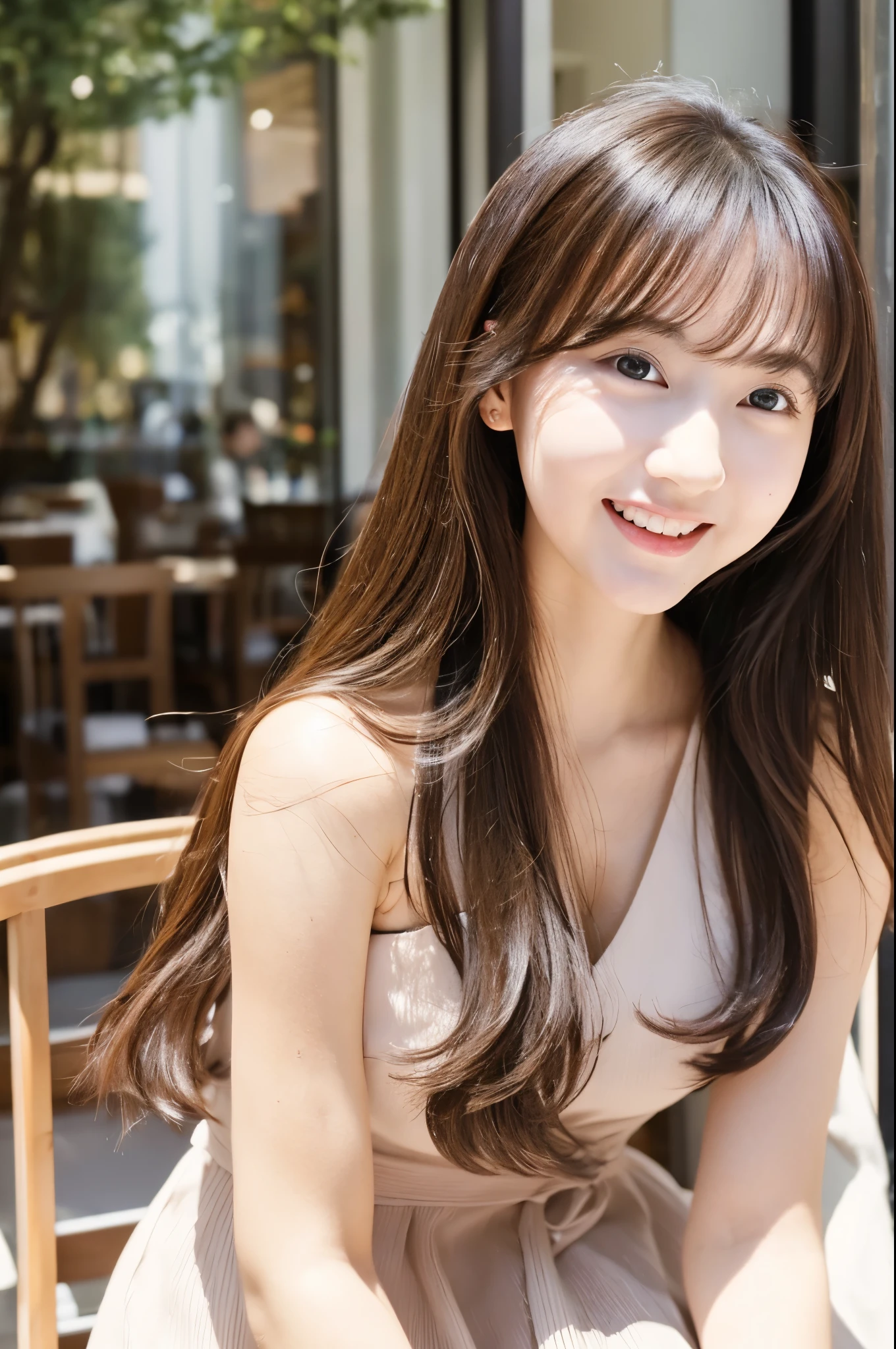 Female Japanese sitting on café terrace, Elegant, long curly hair, turn, off shoulders, large round eyes, Sunlight, with round face, With bangs, Brown eyes, narrow forehead, a , Tear bag, smile, Large front teeth are slightly visible, long skirt,