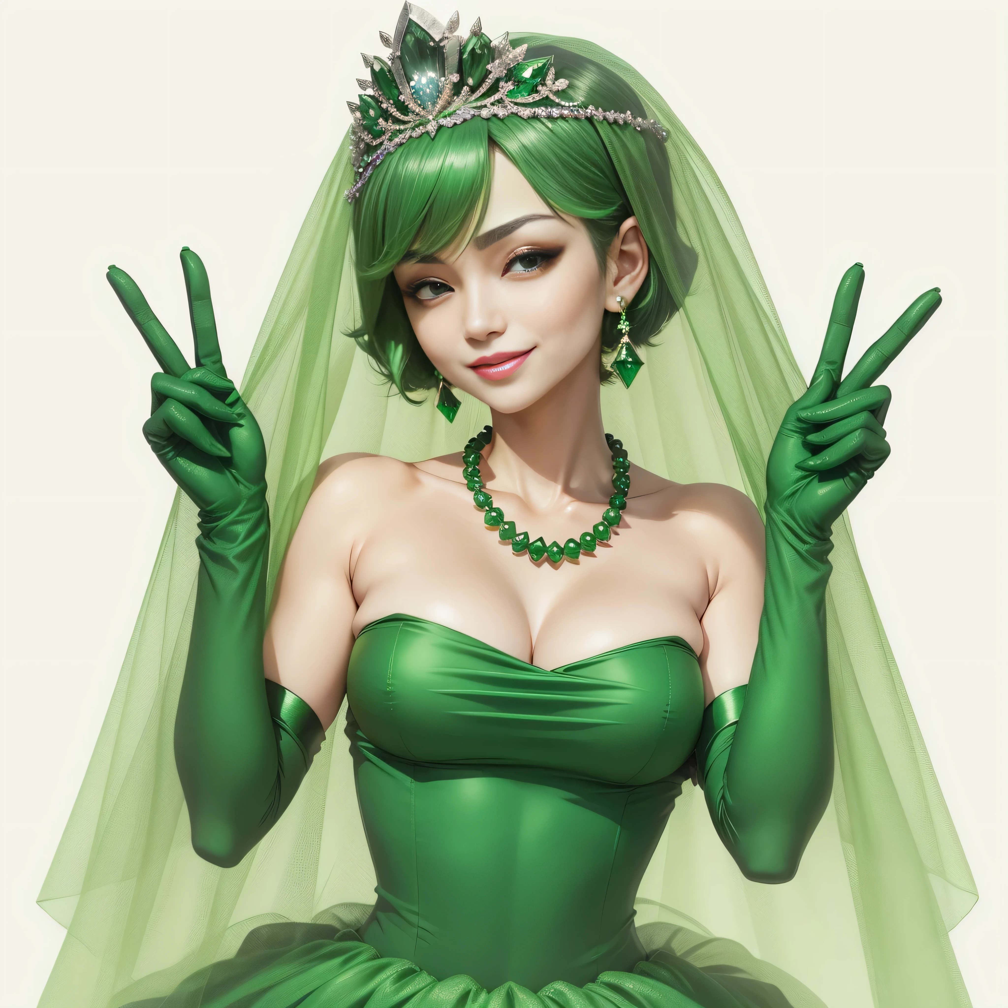 emerald tiara, green pearl necklace, boyish very short green hair, lipstick, smiling Japanese woman, very short hair, big breasts beautiful, green eyes, Long Green Satin Gloves, green eyes, V sign, emerald earrings, green veil, green lip gloss
