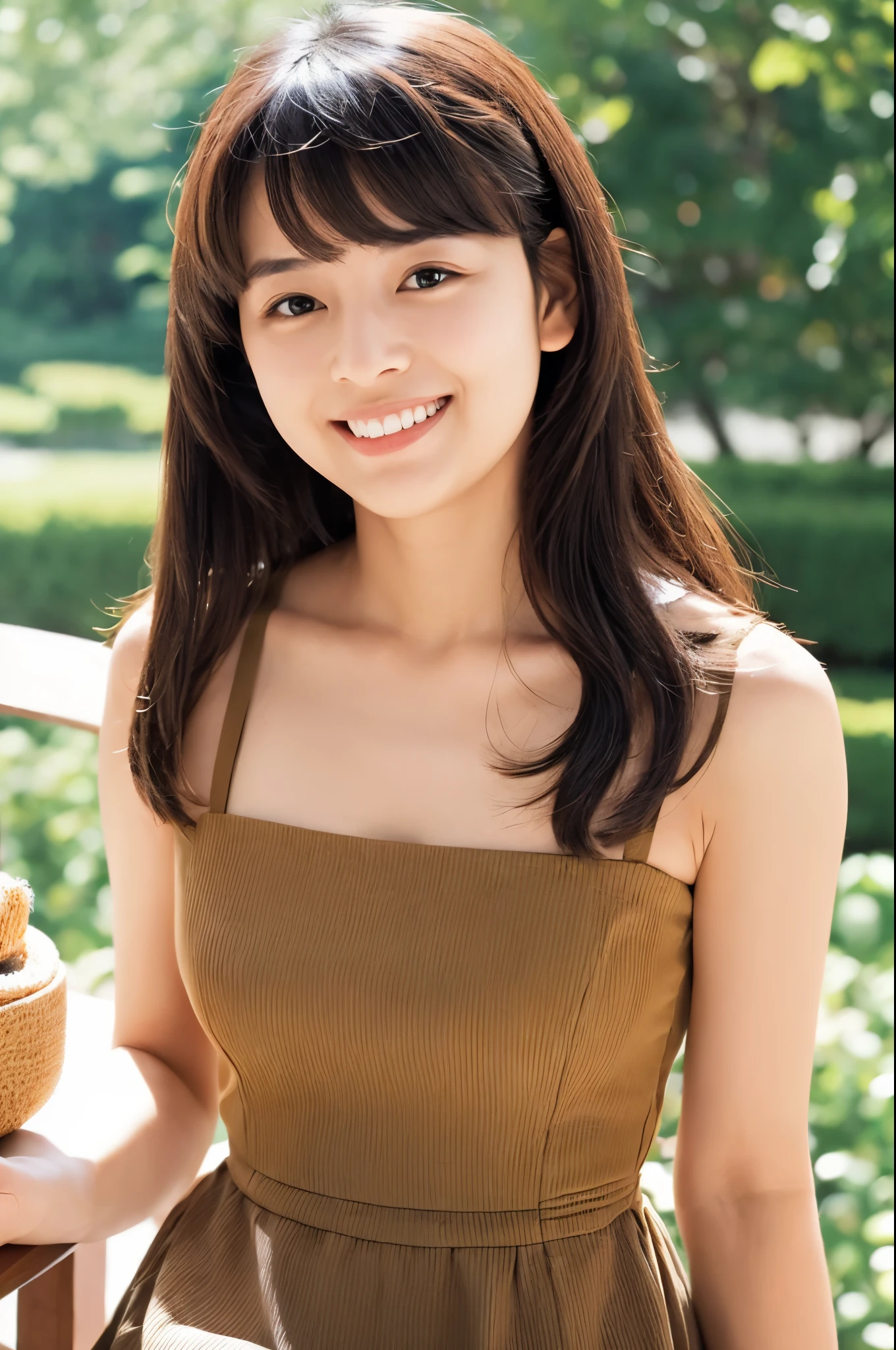 Female Japanese sitting on café terrace, Elegant, long curly hair, turn, off shoulders, large round eyes, Sunlight, with round face, With bangs, Brown eyes, narrow forehead, a baby face, Tear bag, smile, Large front teeth are slightly visible, long skirt,