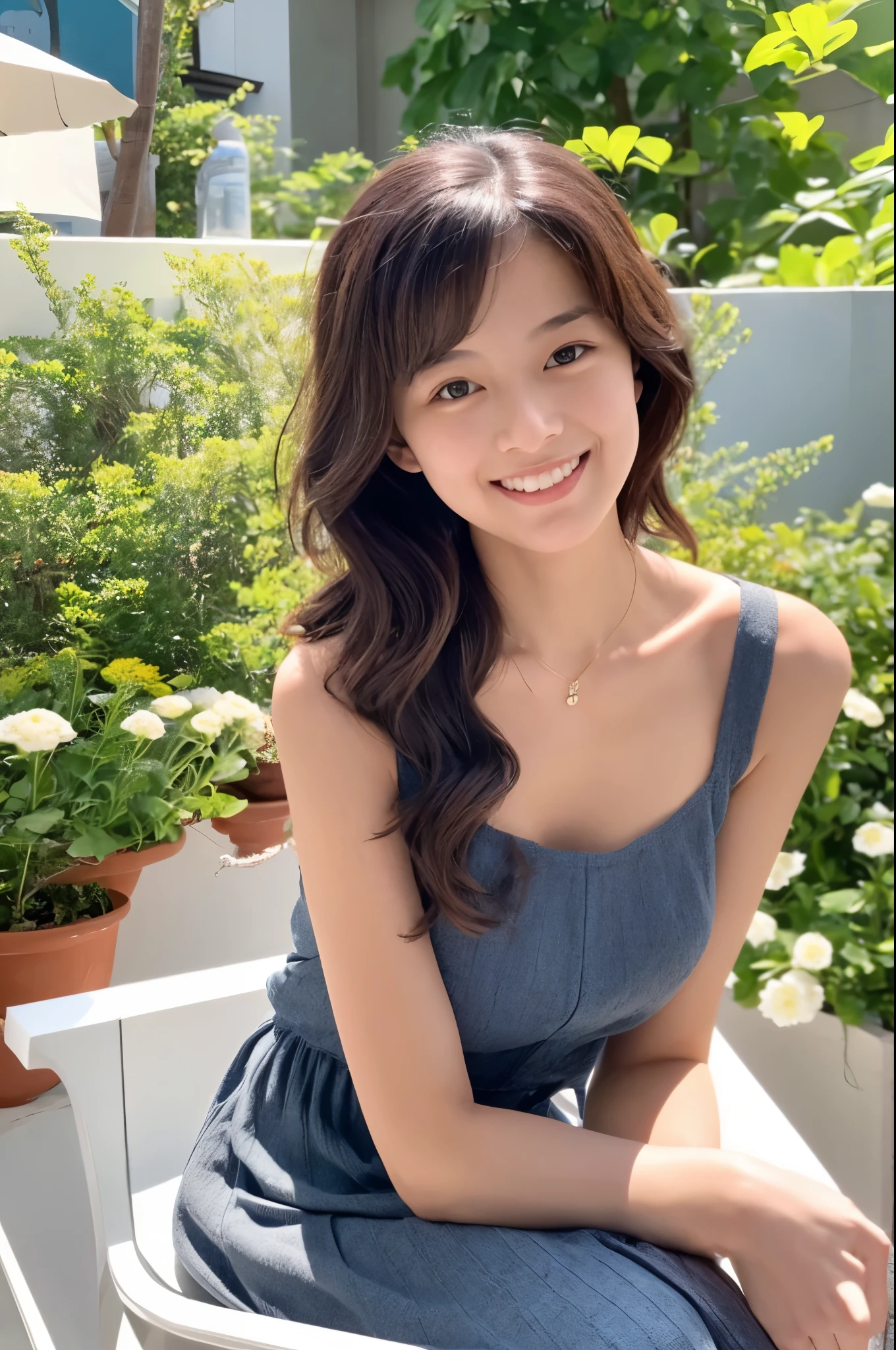 Female Japanese sitting on café terrace, Elegant, long curly hair, turn, off shoulders, large round eyes, Sunlight, with round face, With bangs, Brown eyes, narrow forehead, a baby face, Tear bag, smile, Large front teeth are slightly visible, long skirt,