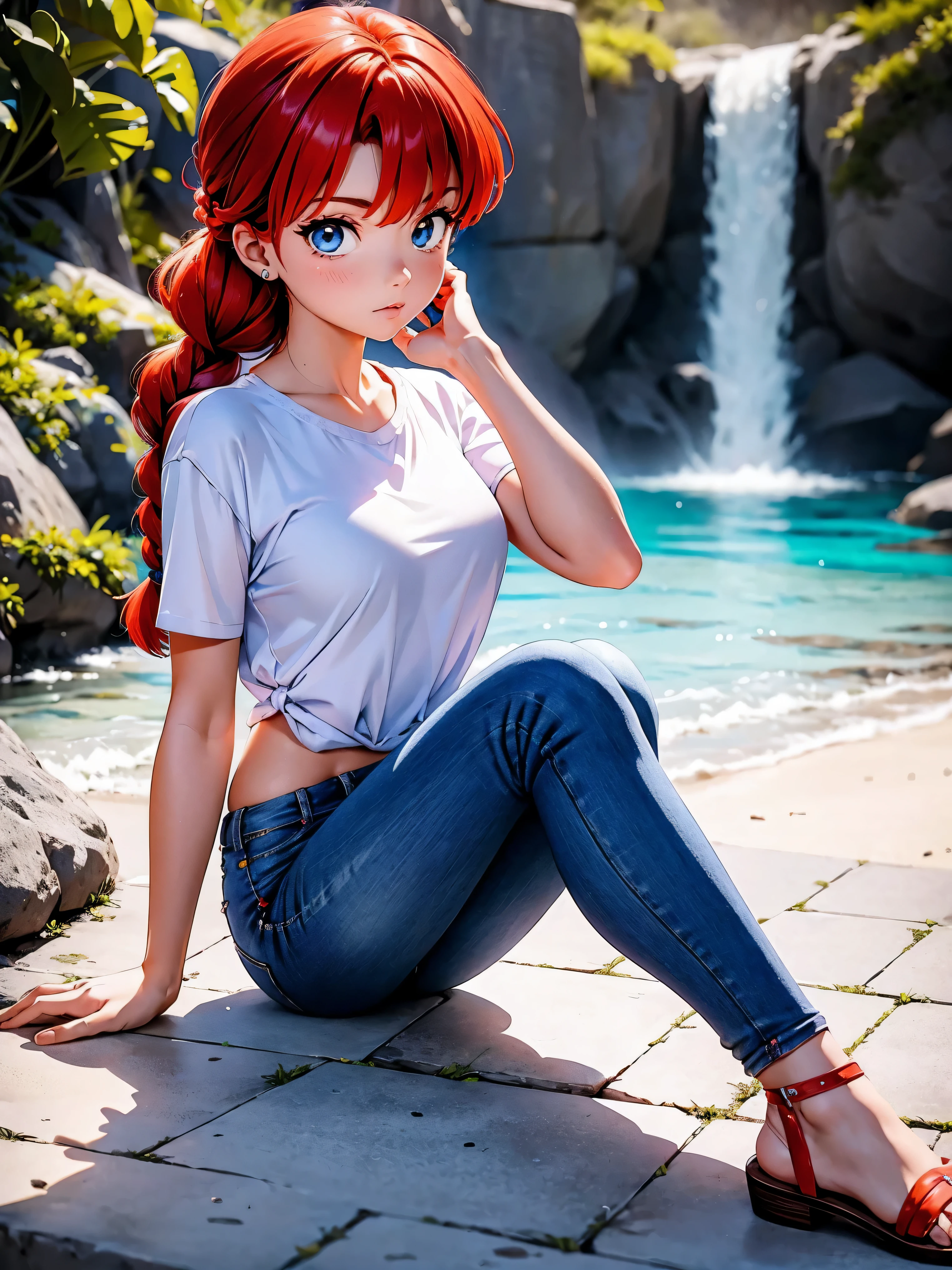 Garota anime ruiva com bermuda jeans azul e blusa purple roxa, , agachada, sentada com pernas cruzadas, corpo bonito, seios grandes, with your hands behind your head, running your hands through your hair, garota sexy, red hair with braid, gorgeous lighting, sombras suaves, olhos azuis, pernas bonitas, hair with braid, estilo anime, Ranma Chan, Autora Rumiko Takahashi, Baseado em obra de Rumiko Takahashi, Anime Ranma 1/ 2, decote sexy, quadril robusto, corpo inteiro, corpo completo, busto grande, garota jovem com corpo belo e bonito, sandals on the feet, garota 16 anosbaixa estatura, vestindo bermuda jeans azul e blusa purple roxa linda, garota anime, estilo anime, beautiful feet in sandals, sitting on the floor, viewing angle 45°