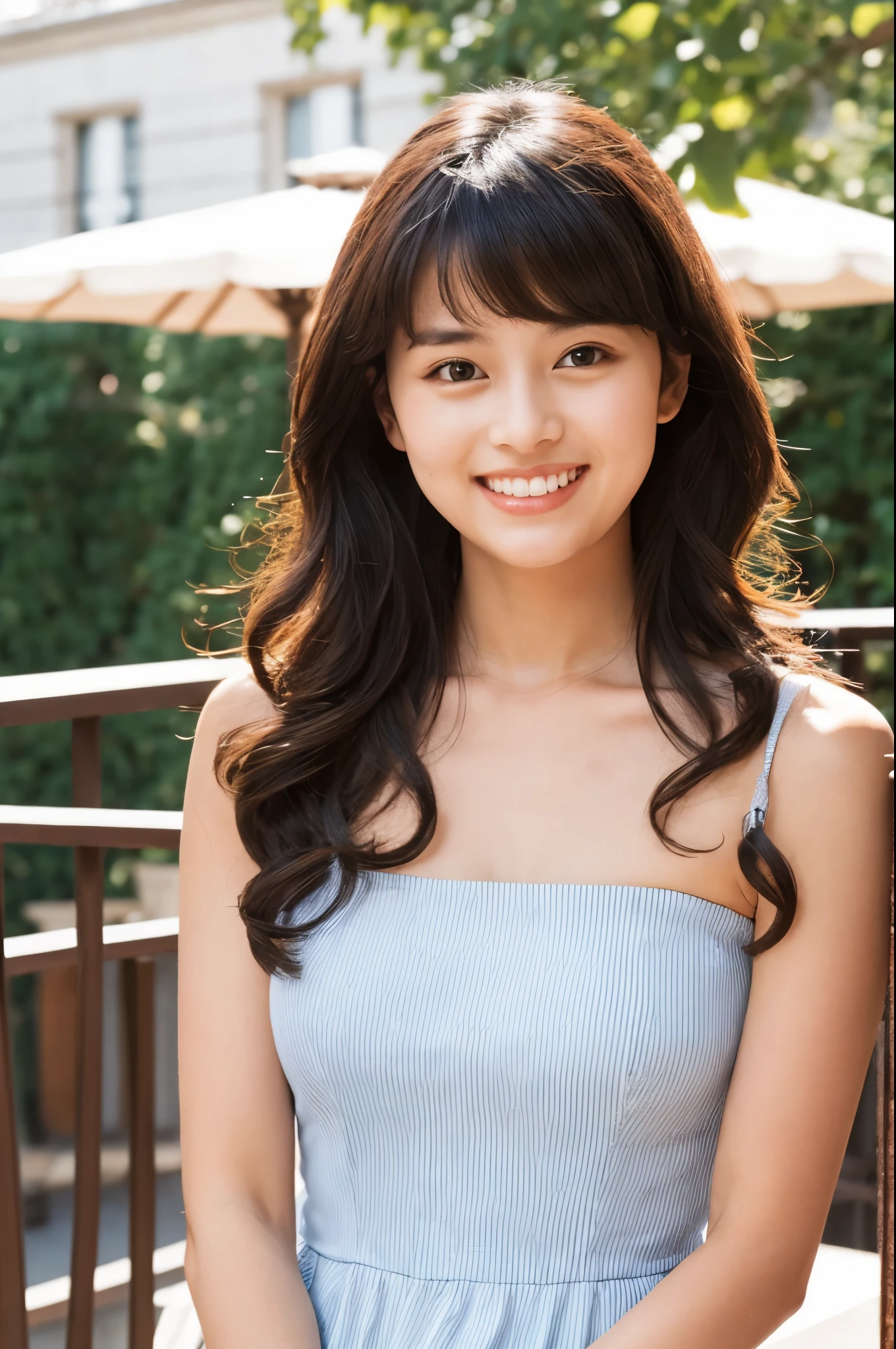 Female Japanese sitting on café terrace, Elegant, long curly hair, turn, off shoulders, large round eyes, Sunlight, with round face, With bangs, Brown eyes, narrow forehead, a baby face, Tear bag, smile, Large front teeth are slightly visible, long skirt,