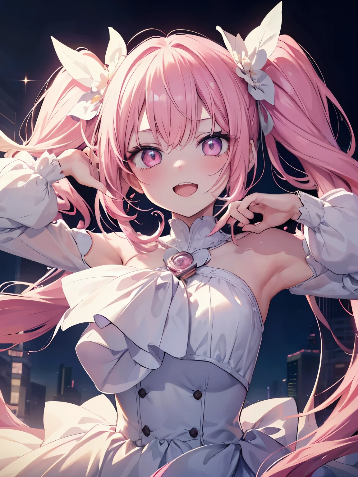 masutepiece, Highest Quality, (Perfect face:1.1), (high detailing:1.1), (ultradetailed eyes), Dramatic, superfine illustration, Extremely detailed,1girl in, teenager,(pale skin), Happy, Laugh, Enjoy,Open mouth,gloweyes,pinkhair, (long twintail),Ethereal eyes, pink eye,blush, Solo,Pouty lips,Cinematic lighting,looking up, leaning forward, upper body,Long sleeve,ballgown,morning,sunny, raise your arms