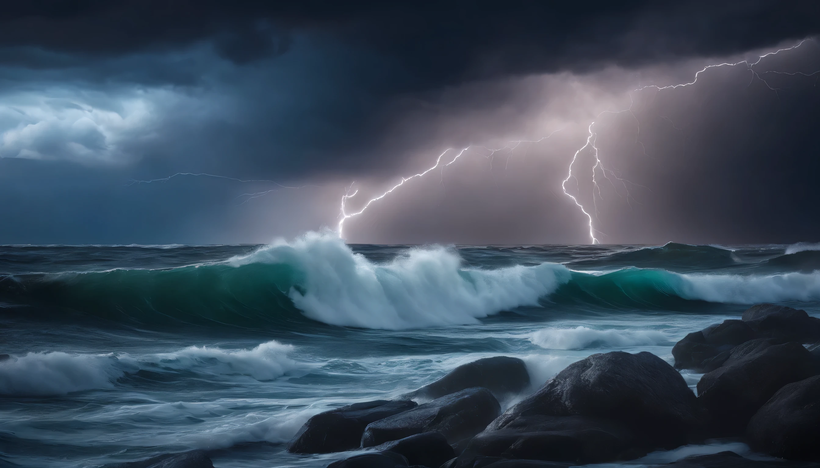 Crea una imagen de un mar tormentoso por la noche., with lightning and big waves, en un hiperrealista, fotorrealista, and cinematographic style