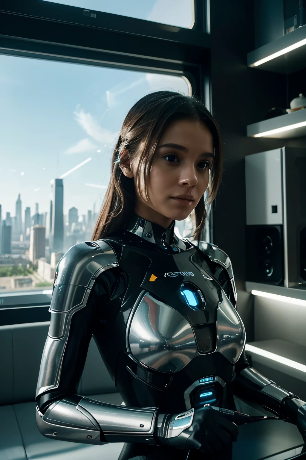Create a futuristic image of a person inside their home who uses artificial intelligence so that they can surf the internet for fun and consume entertainment content, using the concept of an advanced, well-developed city in the background.