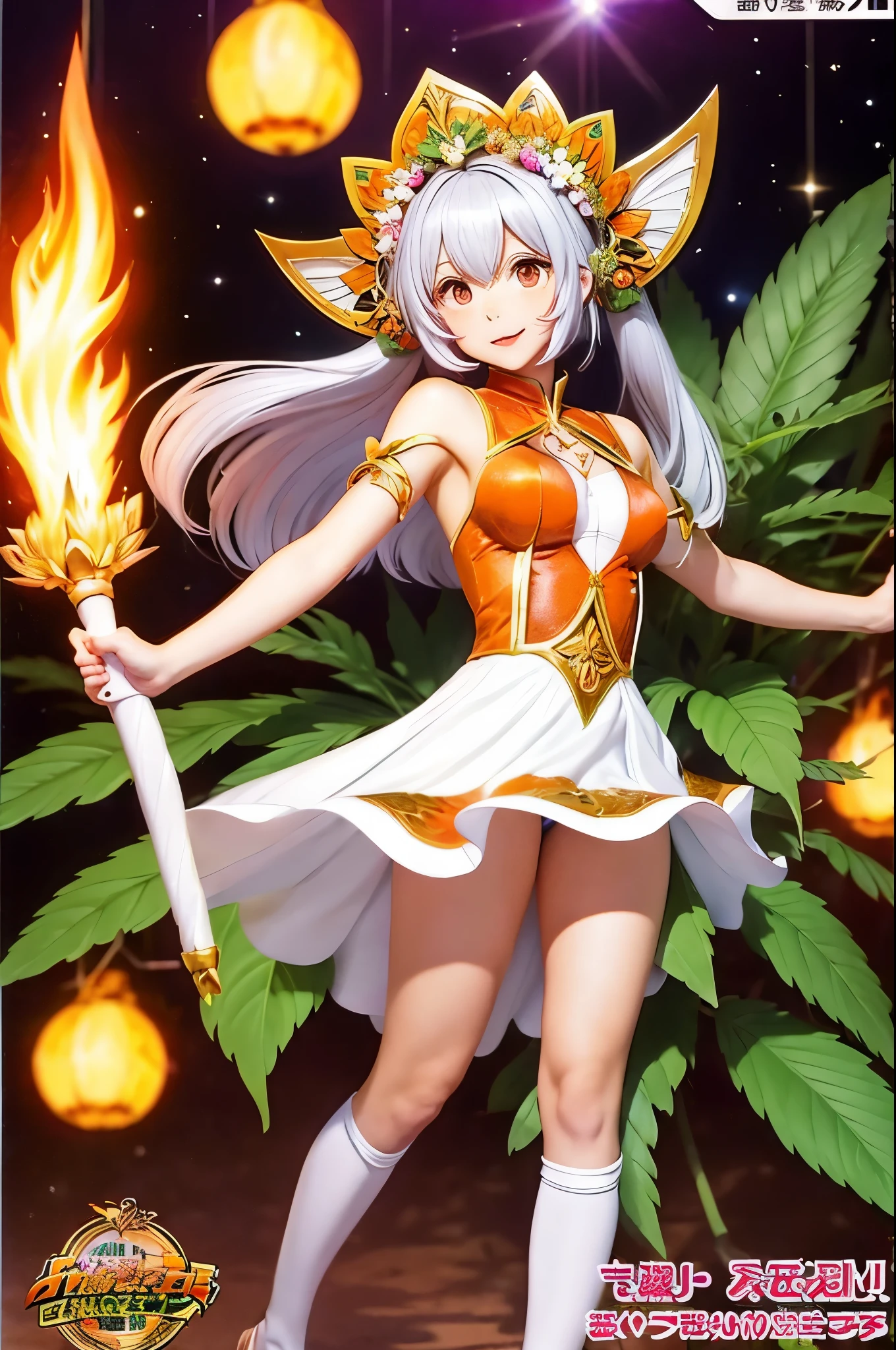 a photo picture of a woman dressed as a samba, inspired by Leiko Ikemura, hurufiyya, fire!! full body, album cover!, full colored, happy!!!, she has olive brown skin, insect trainer girl, white haired deity, personification of marijuana, colored manga panel, closeup!!, fluffy orange skin, material is!!! plum!!!, trading card fond