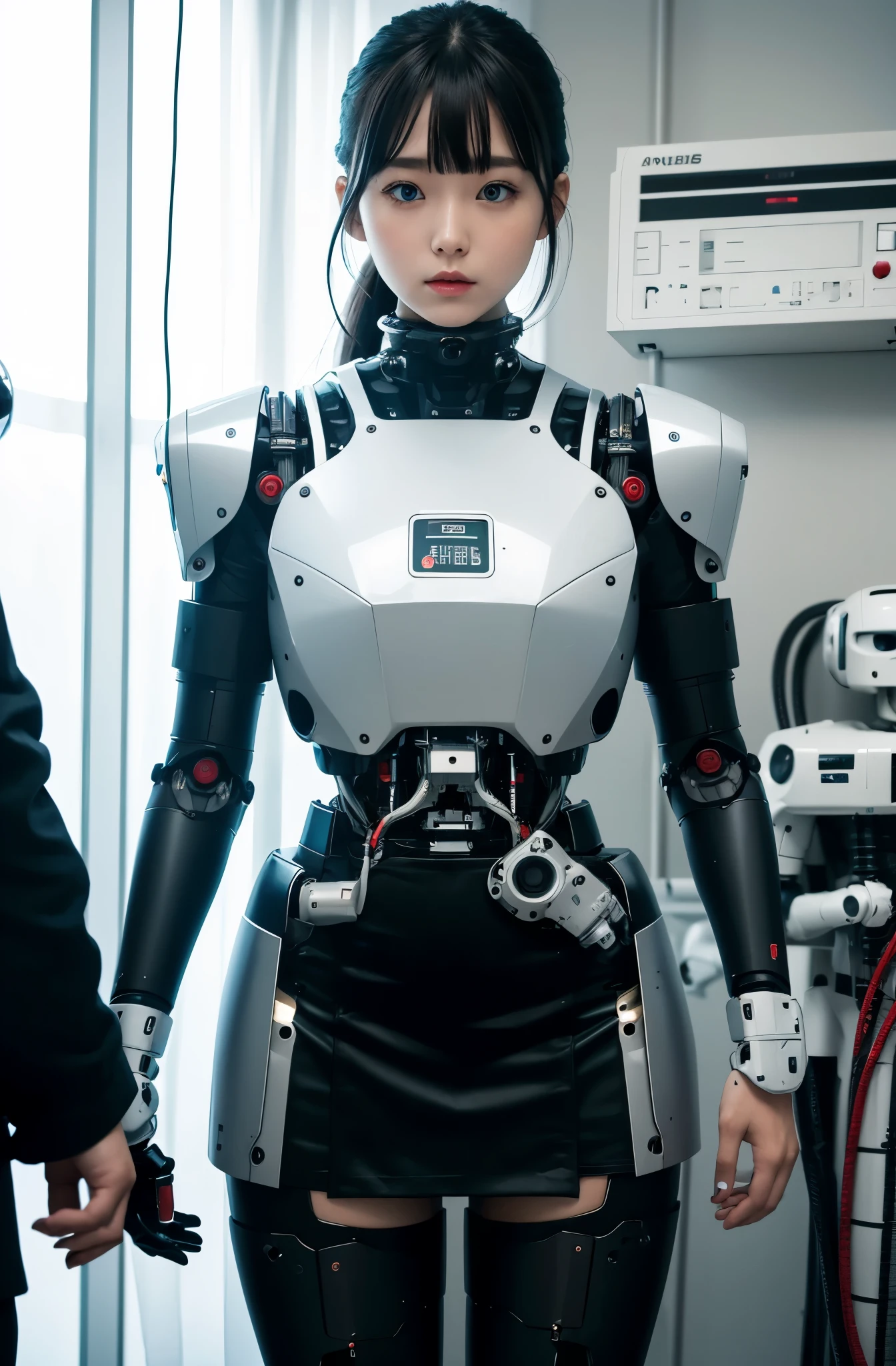 masterpiece, best quality, extremely detailed, Japaese android girl,Plump , control panels,android,Droid,Mechanical Hand, Robot arms and legs, Black hair,Blunt bangs,perfect robot girl,long tube,thick cable connected her neck,android,robot,humanoid,cyborg,japanese cyborg girl ,future laboratory,connecting a cable between the legs,skirt, high socks,blue eyes
