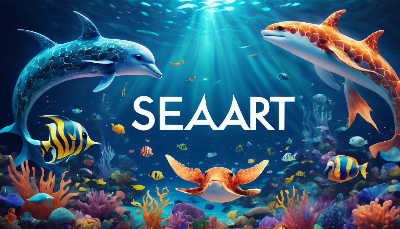 Logo. magical letter-shaped animals, fonts, txt says "seaArt". magical seaart creatures.