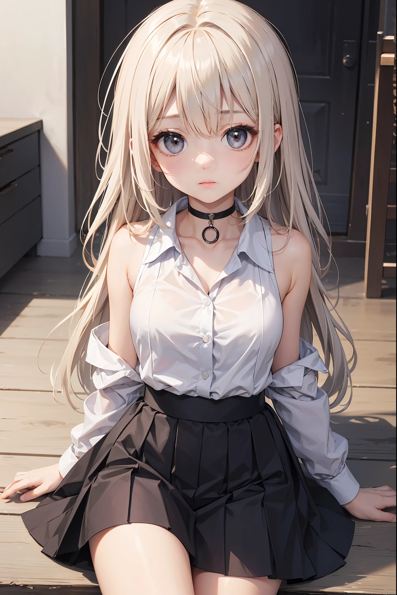 Highest image quality、ultra high resolution、1girl、sleeveless white button shirt、black skirt、Black choker、cute、(platinum blonde hair:1)、((puffy eyes))、Viewer viewing information
