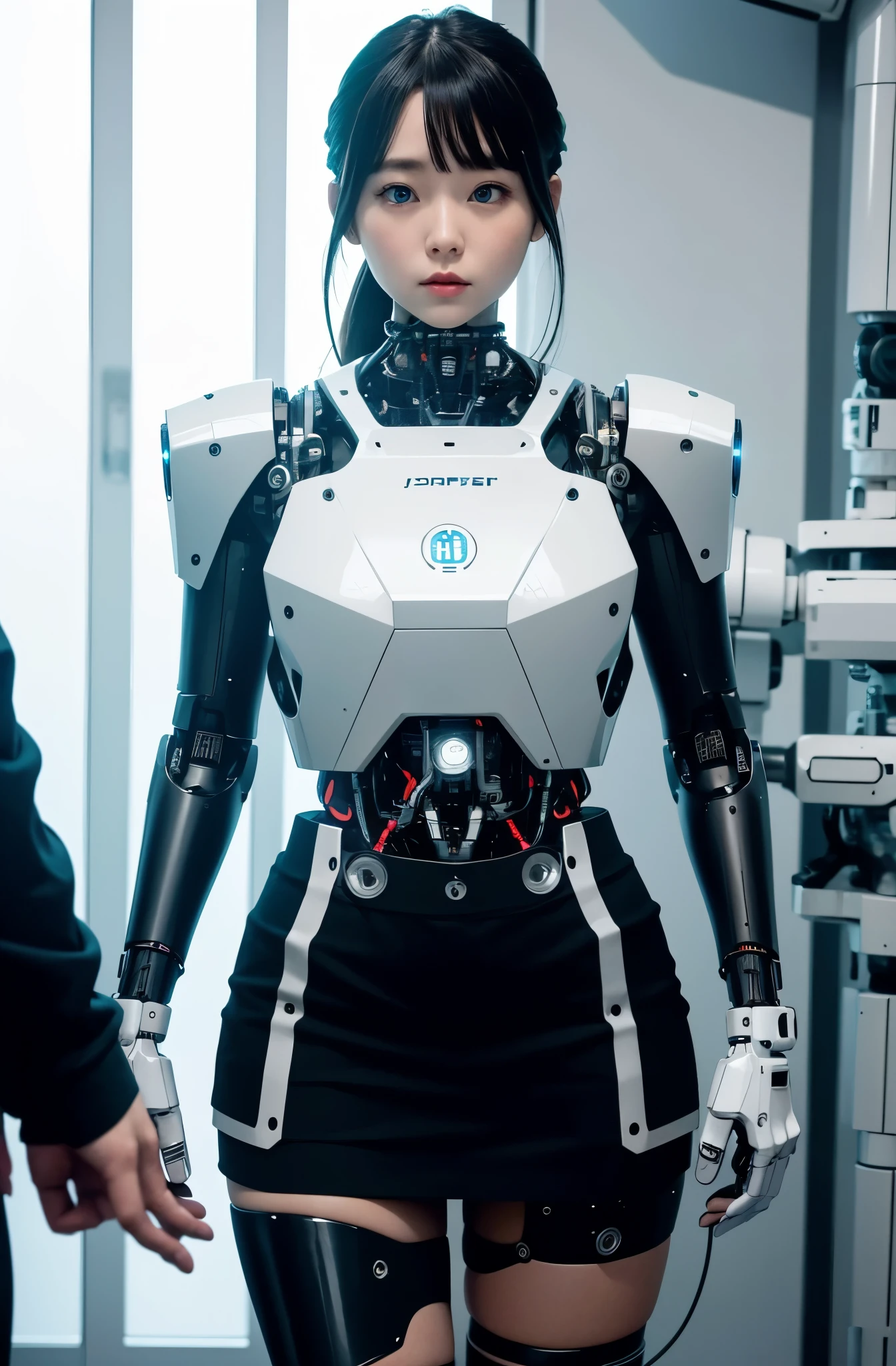 masterpiece, best quality, extremely detailed, Japaese android girl,Plump , control panels,android,Droid,Mechanical Hand, Robot arms and legs, Black hair,Blunt bangs,perfect robot girl,long tube,thick cable connected her neck,android,robot,humanoid,cyborg,japanese cyborg girl ,future laboratory,connecting a cable between the legs,skirt, high socks,blue eyes