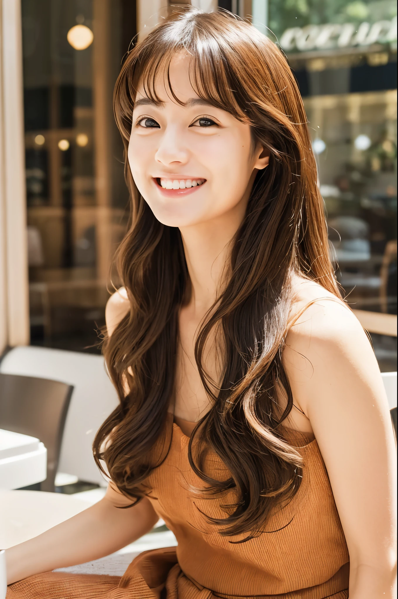 Female Japanese sitting on café terrace, Elegant, long curly hair, turn, off shoulders, large round eyes, Sunlight, with round face, With bangs, Brown eyes, narrow forehead, a baby face, Tear bag, smile, Large front teeth are slightly visible, long skirt,