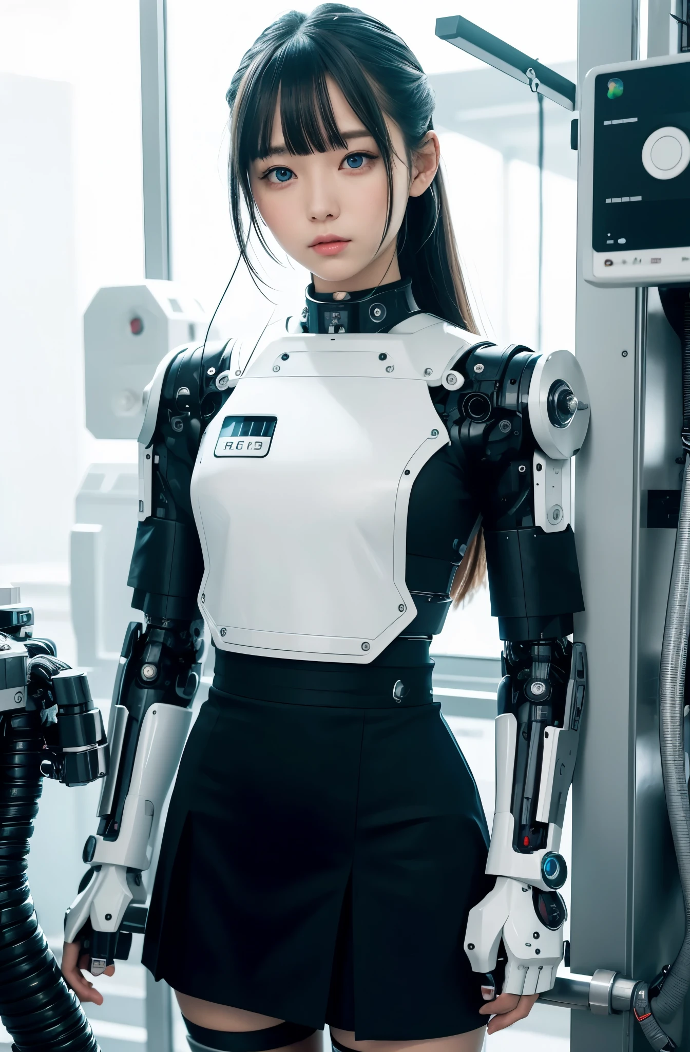 masterpiece, best quality, extremely detailed, Japaese android girl,Plump , control panels,android,Droid,Mechanical Hand, Robot arms and legs, Black hair,Blunt bangs,perfect robot girl,long tube,thick cable connected her neck,android,robot,humanoid,cyborg,japanese cyborg girl ,future laboratory,connecting a cable between the legs,skirt, high socks,blue eyes