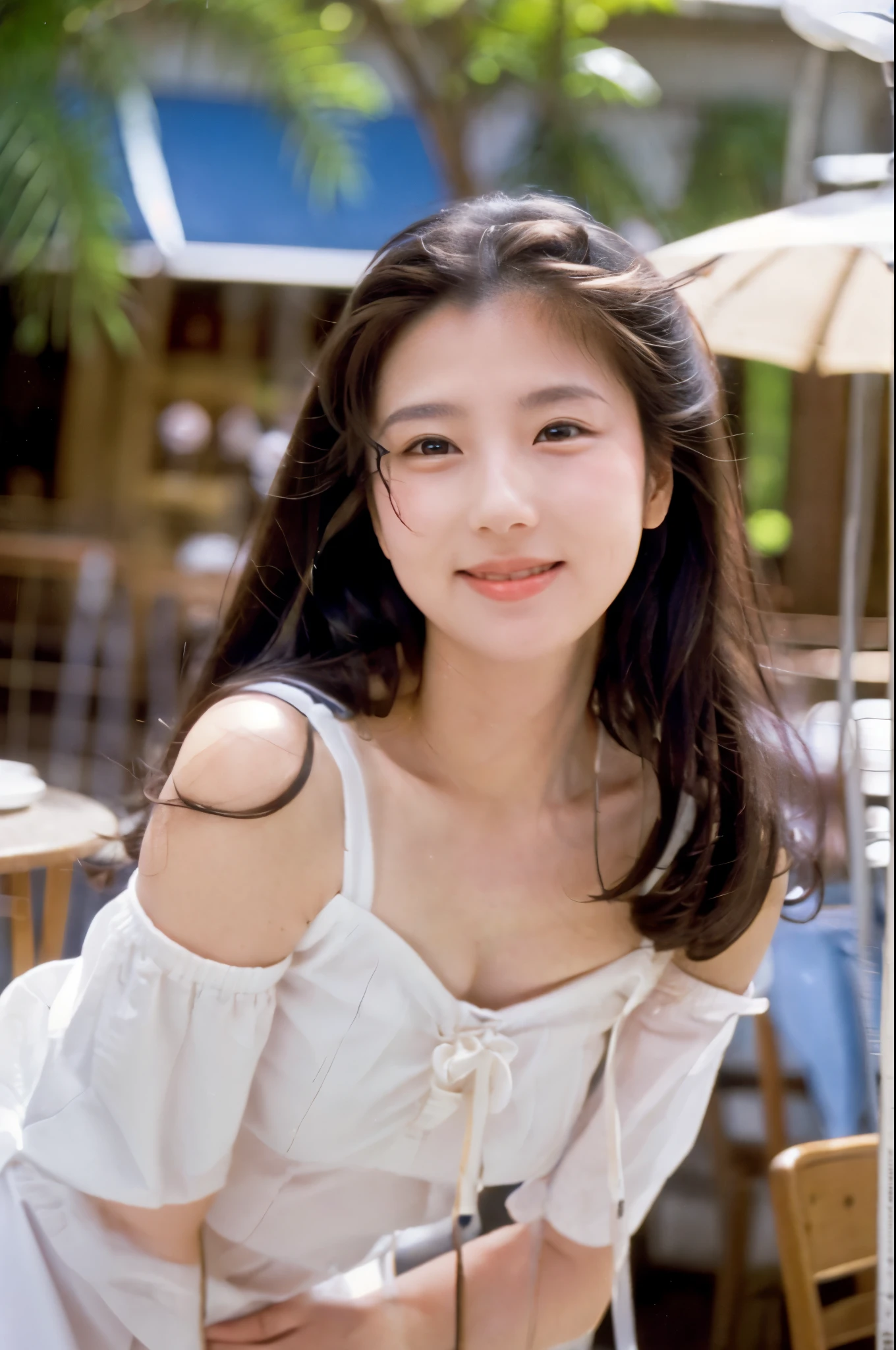 Female Japanese sitting on café terrace, Elegant, long curly hair, turn, off shoulders, large round eyes, Sunlight, with round face, With bangs, Brown eyes, narrow forehead, a baby face, Tear bag, smile, Large front teeth are slightly visible, long skirt,