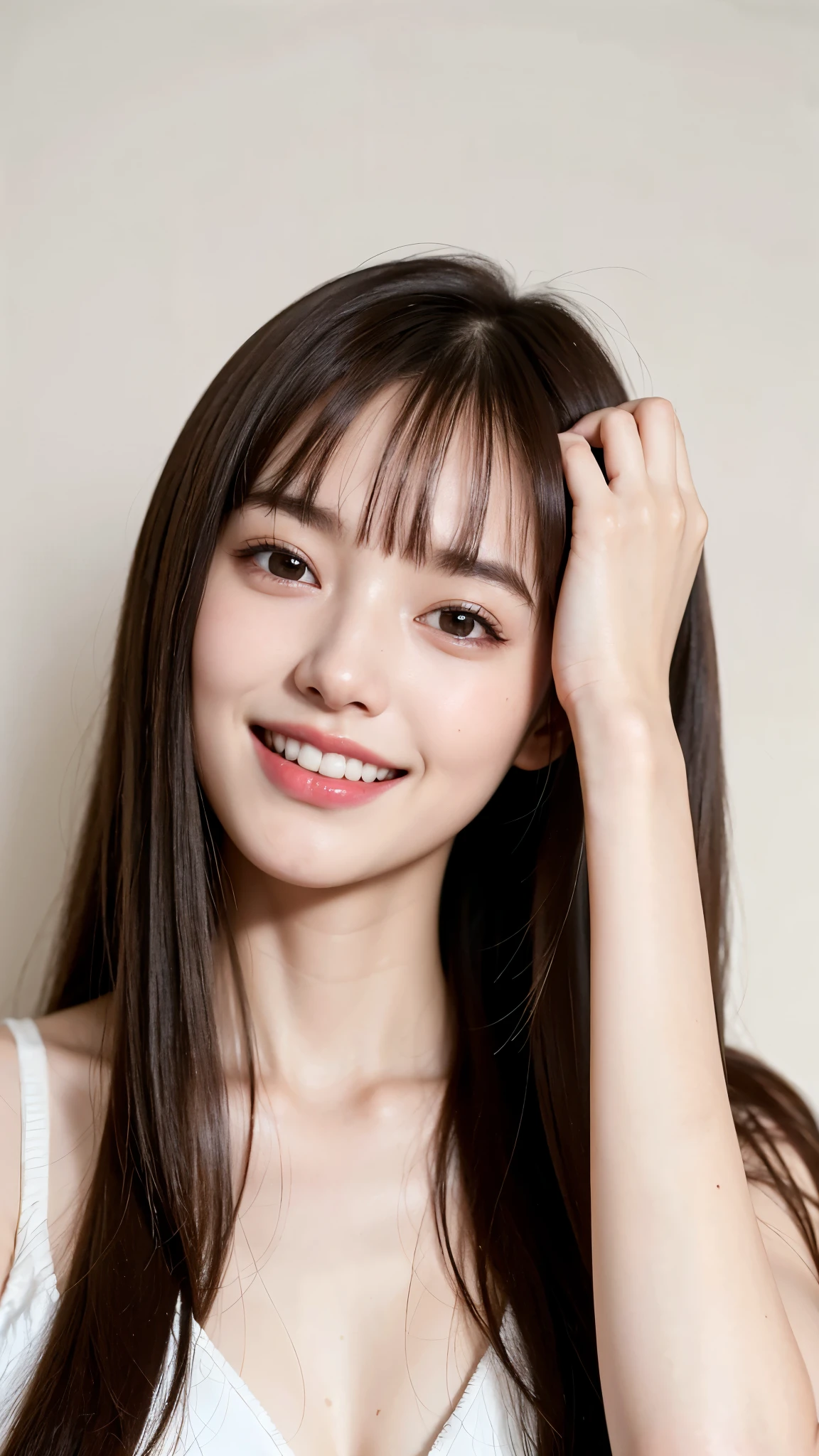 highest quality, masterpiece, ultra high resolution, (realistic:1.4), (close portrait) RAW photo, 1 girl, 22 years old,((Whitening))slender body,medium chest,((cream one piece dress)),((long hair with straight bangs)),((Pulling up your hair)),((looking up at the viewer)), realistic pictures,((toothy smile)),
