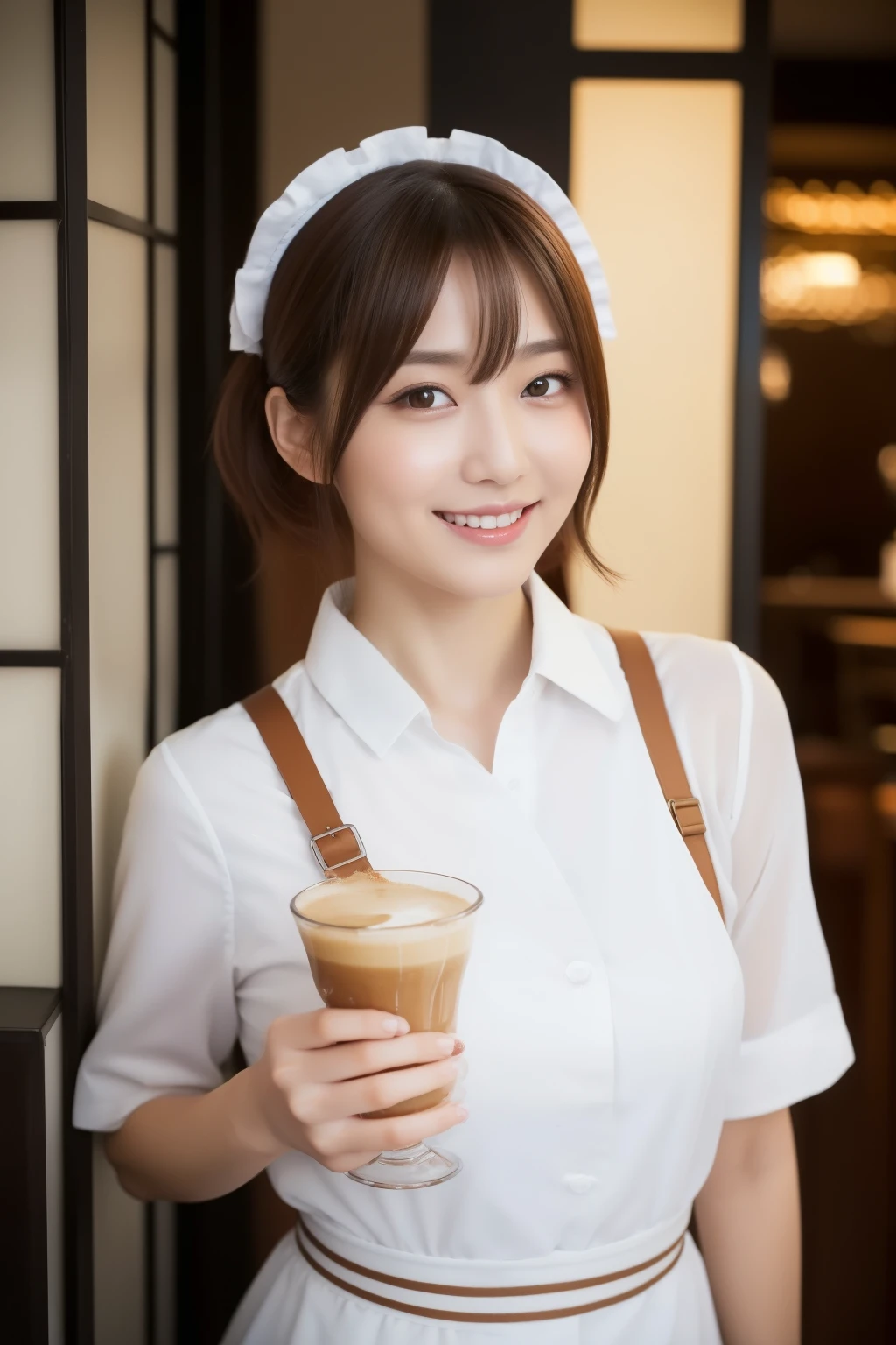 ((highest quality,8K,masterpiece:1.hot reality(1.4))、Full body Esbian,20-year-old,Japan人女性,High resolution,(Maid Cafe Uniform),(Cosplayers),light brown hair,short hair,Japan,Composition of the golden ratio,balanced perspective,delicate eyes、double eyelid,photo shoot,smile,sexy,Cafe background,